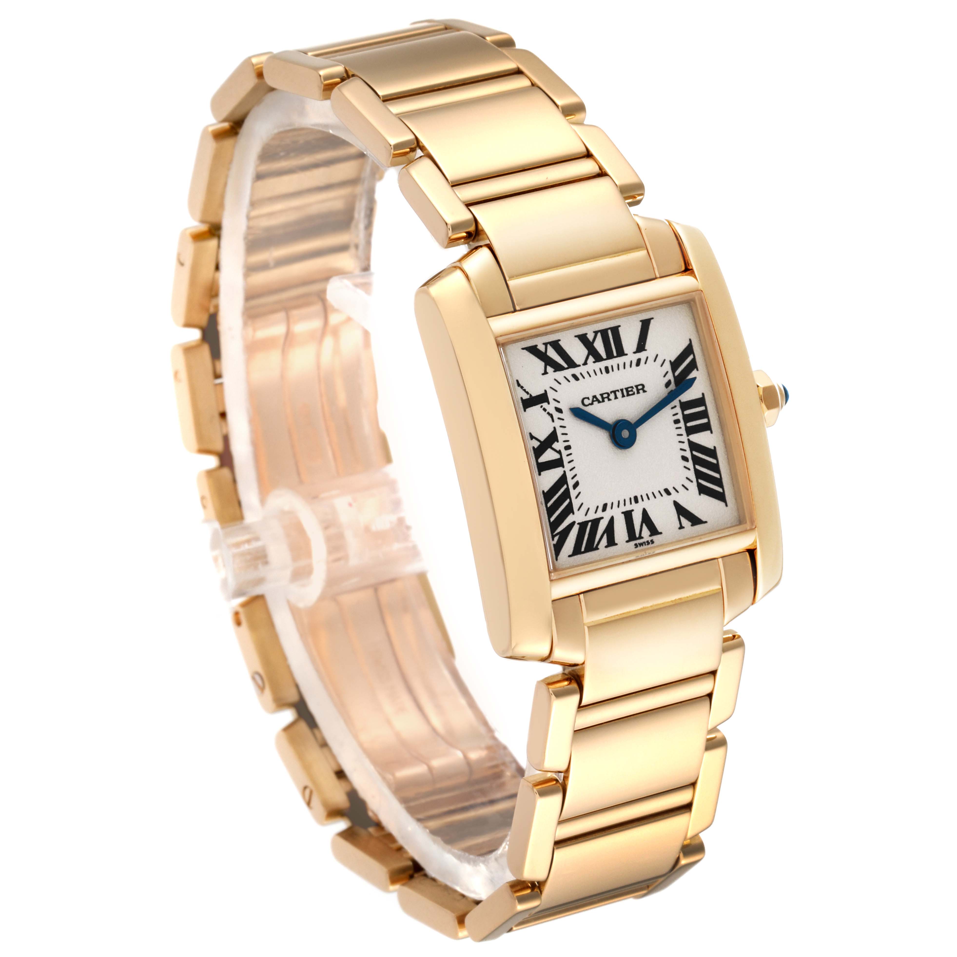This image shows a Cartier Tank Française watch from a front angle, highlighting its gold case, bracelet, and Roman numeral dial.