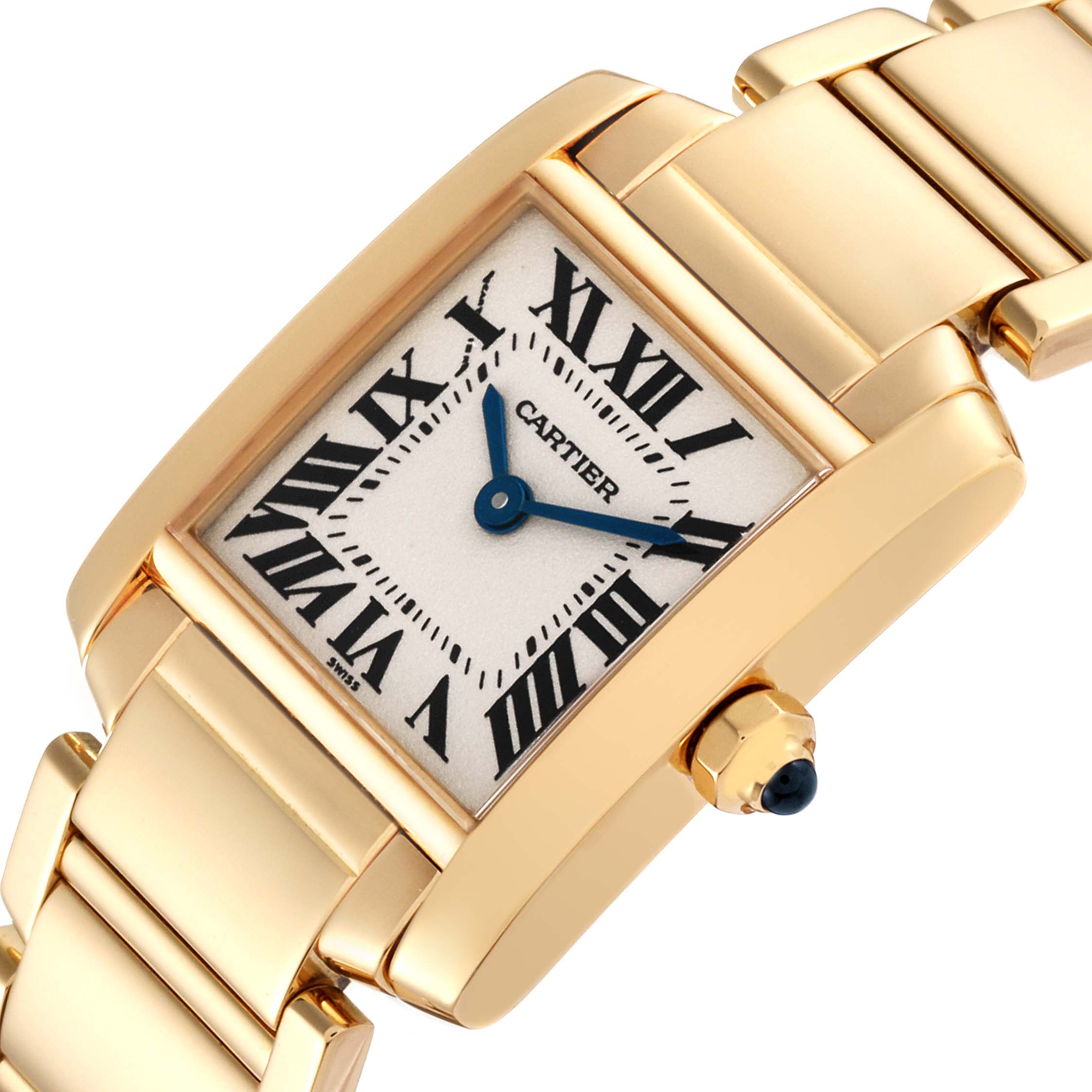 This Cartier Tank Française watch is shown from an angled close-up highlighting the rectangular dial, bezel, and part of the bracelet.