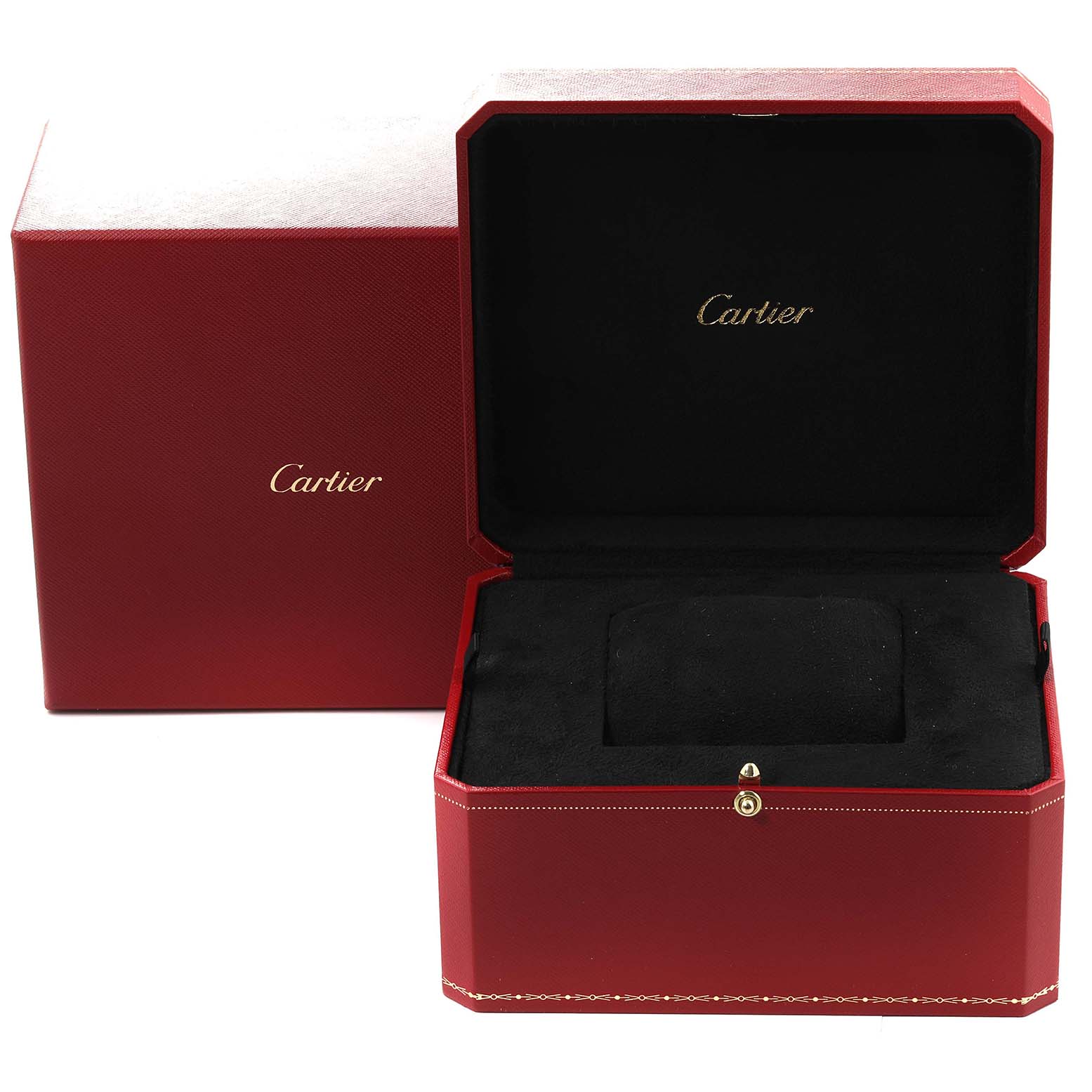 The image shows an open Cartier box for the Tank Francaise model, revealing a black interior and a cushion for the watch.
