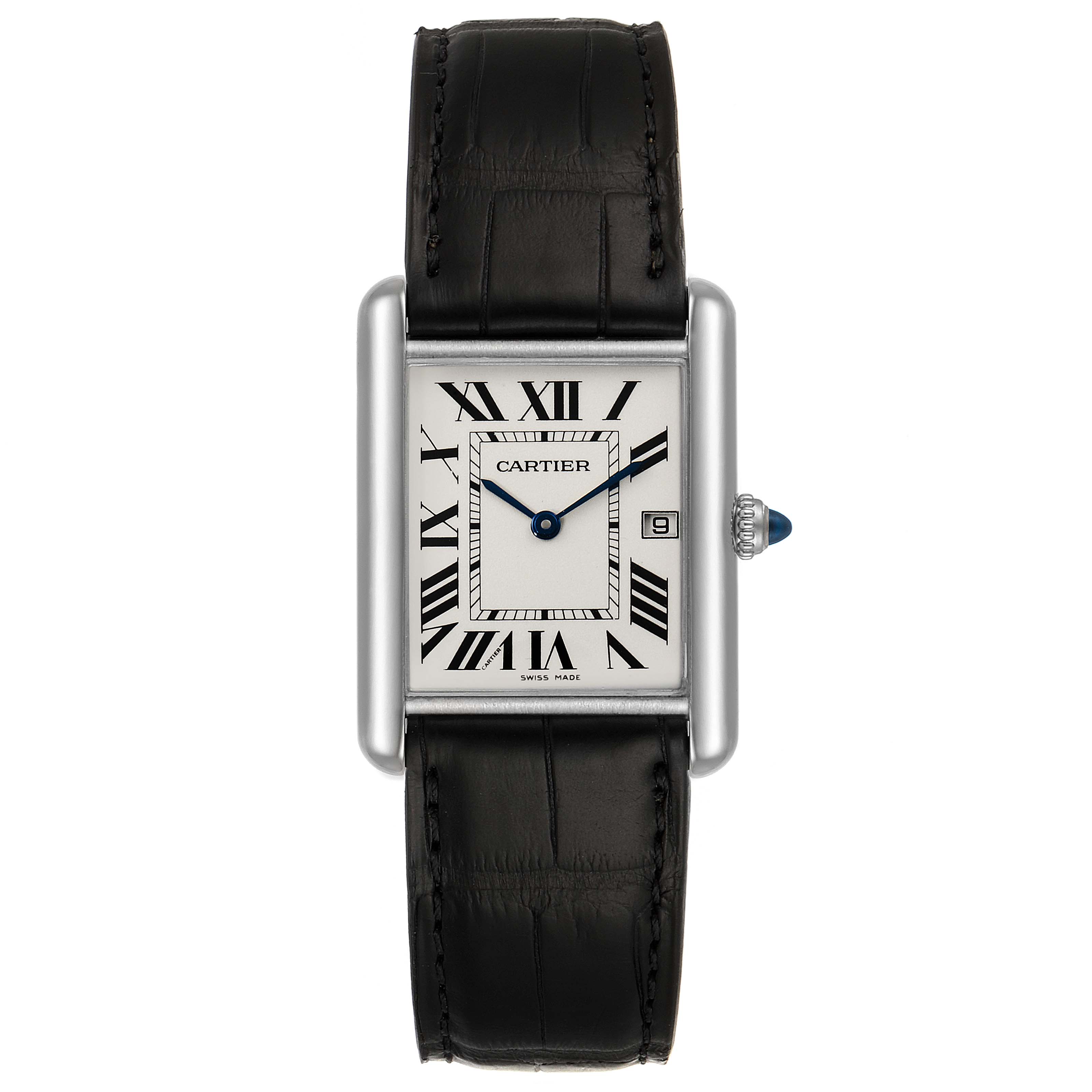 This image shows a front view of the Cartier Tank Louis W1540956 Men
s White Gold Silver Dial W1540956 Men
s White Gold Silver Dial model watch, highlighting the face, case, and black leather strap.