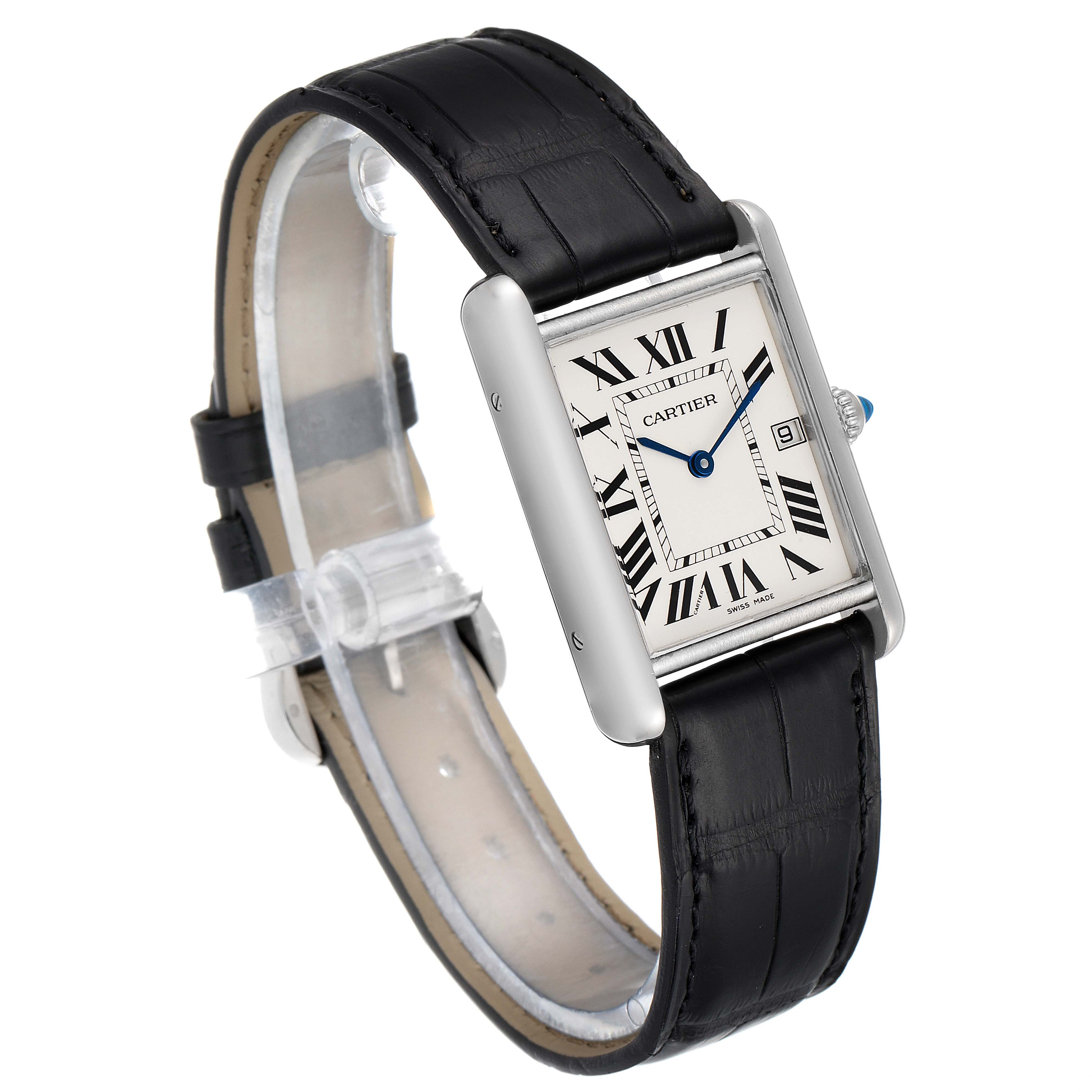 The image shows a Cartier Tank Louis W1540956 Men
s White Gold Silver Dial W1540956 Men
s White Gold Silver Dial model watch at an oblique angle highlighting the face, case, and leather strap.