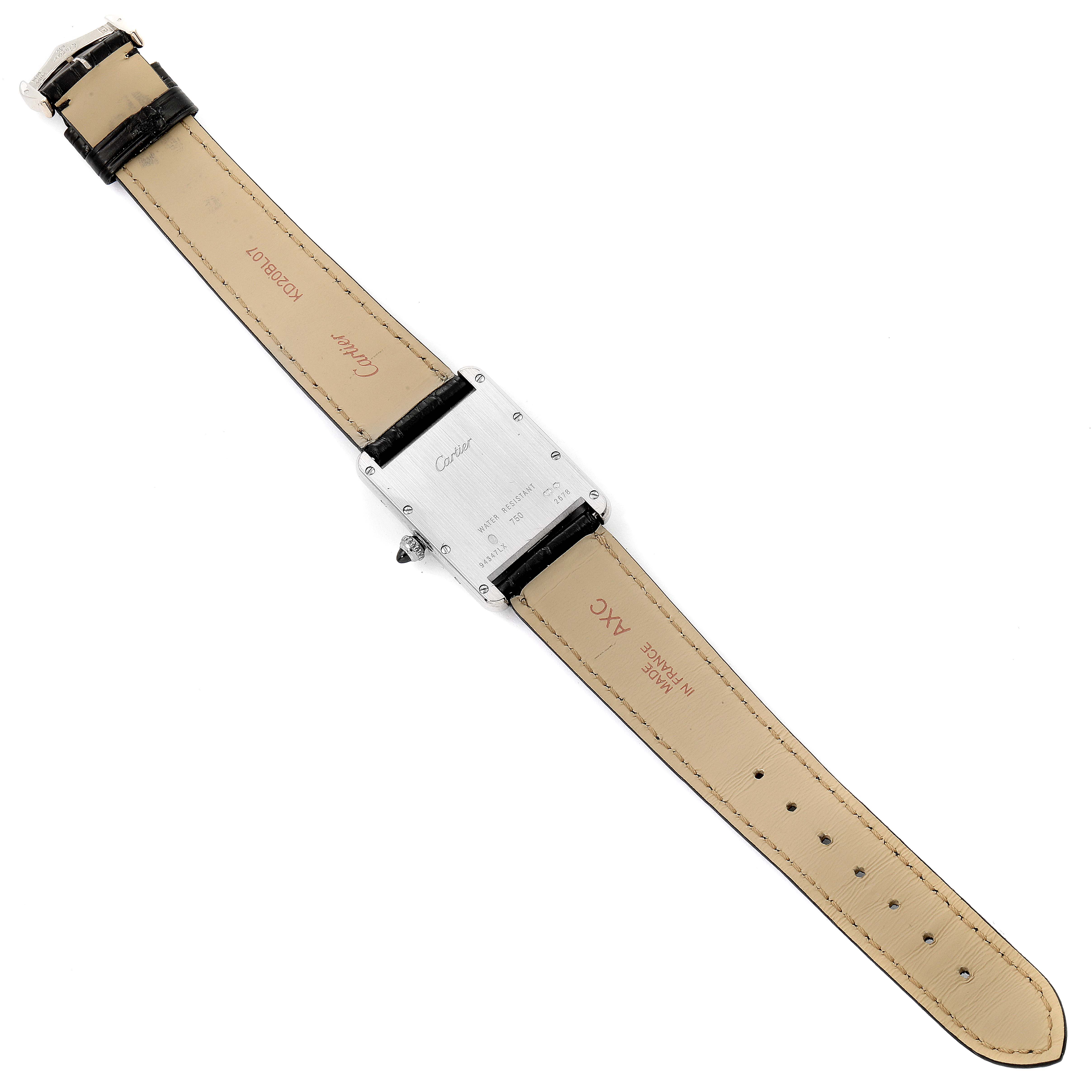 The image shows the backside of the Cartier Tank Louis W1540956 Men
s White Gold Silver Dial W1540956 Men
s White Gold Silver Dial model watch, including its leather strap and case back.