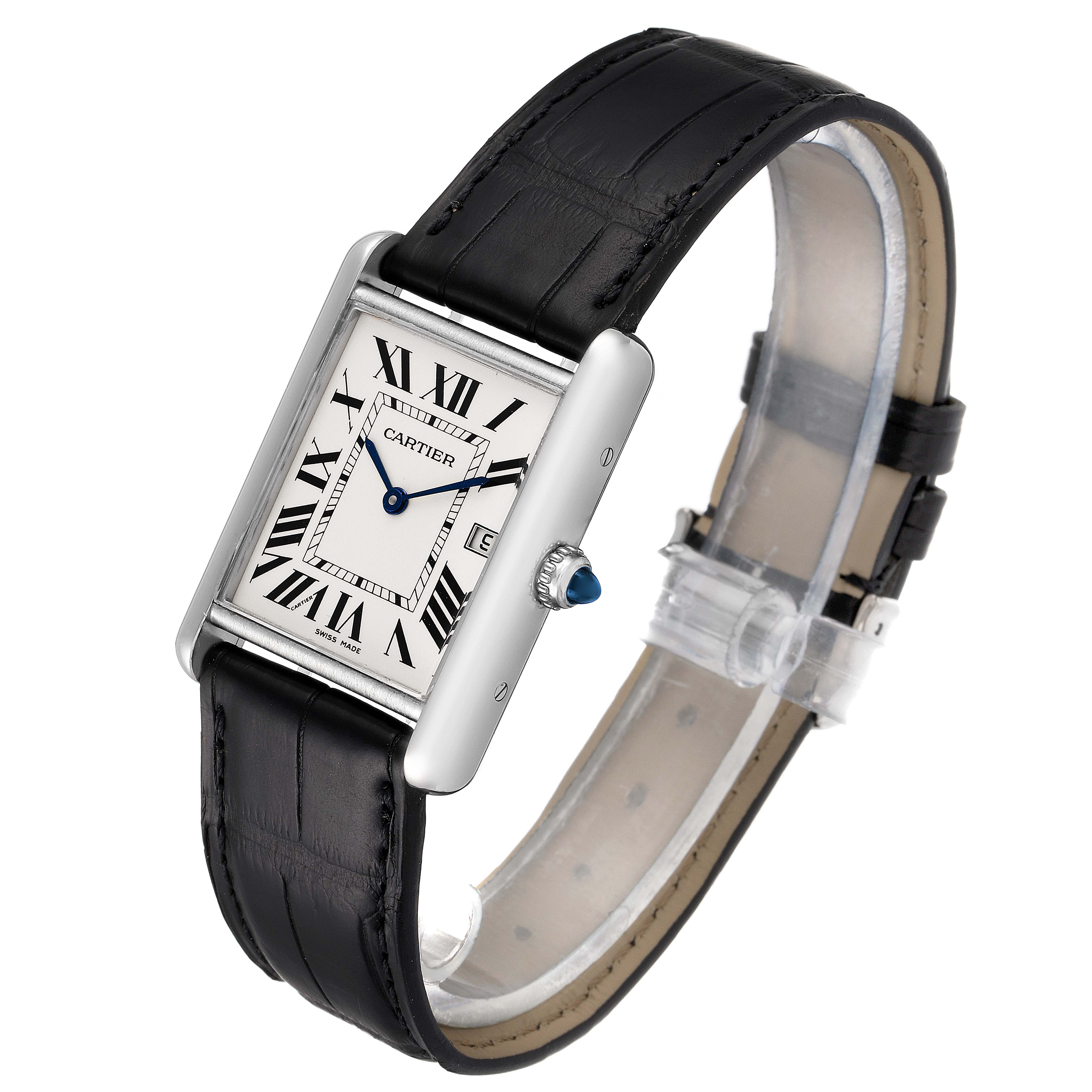 The Cartier Tank Louis W1540956 Men
s White Gold Silver Dial W1540956 Men
s White Gold Silver Dial watch is shown at an angled side view highlighting its rectangular face, black strap, and sapphire crown.