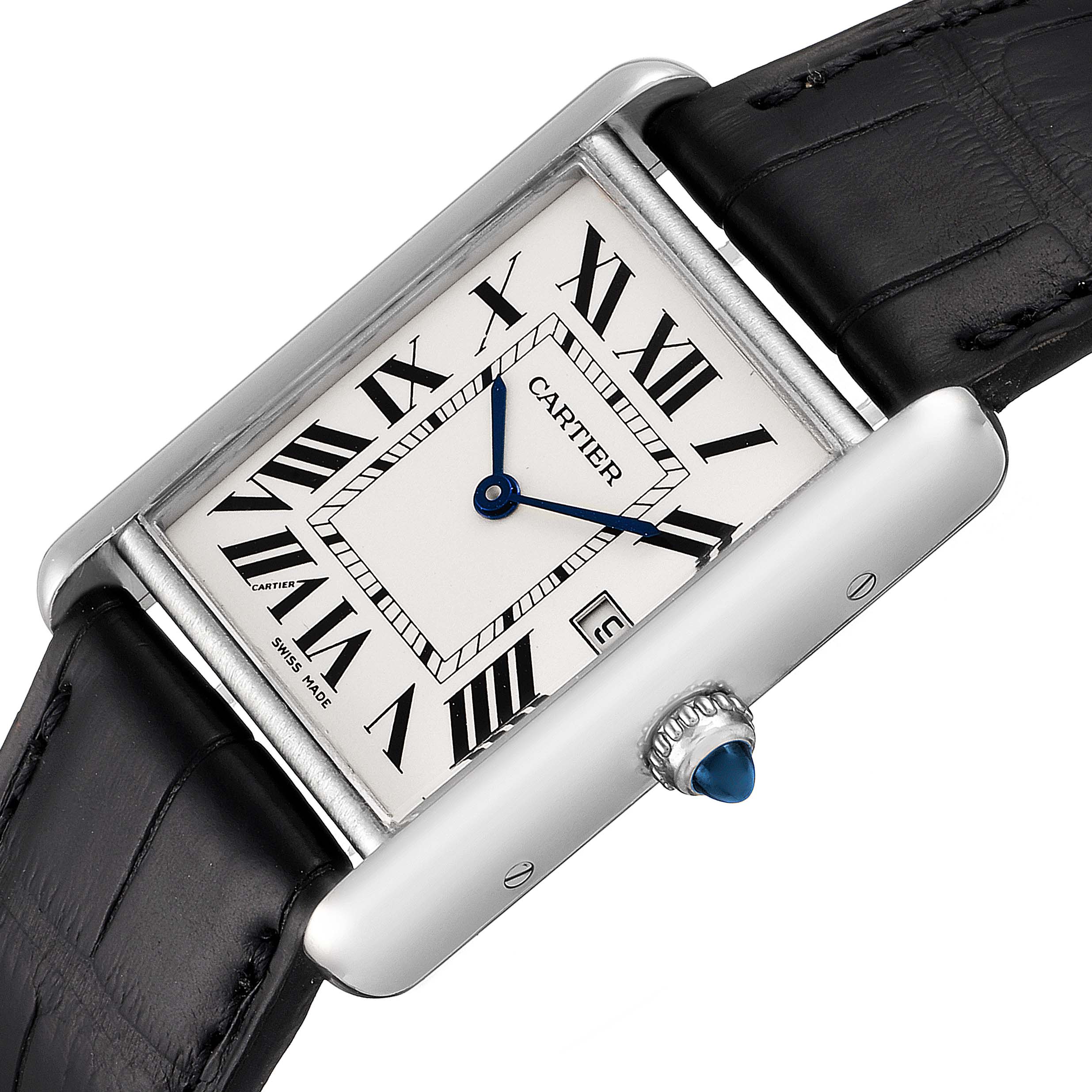 The image shows a close-up view of the Cartier Tank Louis W1540956 Men
s White Gold Silver Dial W1540956 Men
s White Gold Silver Dial watch, showcasing its rectangular dial, Roman numerals, and leather strap.