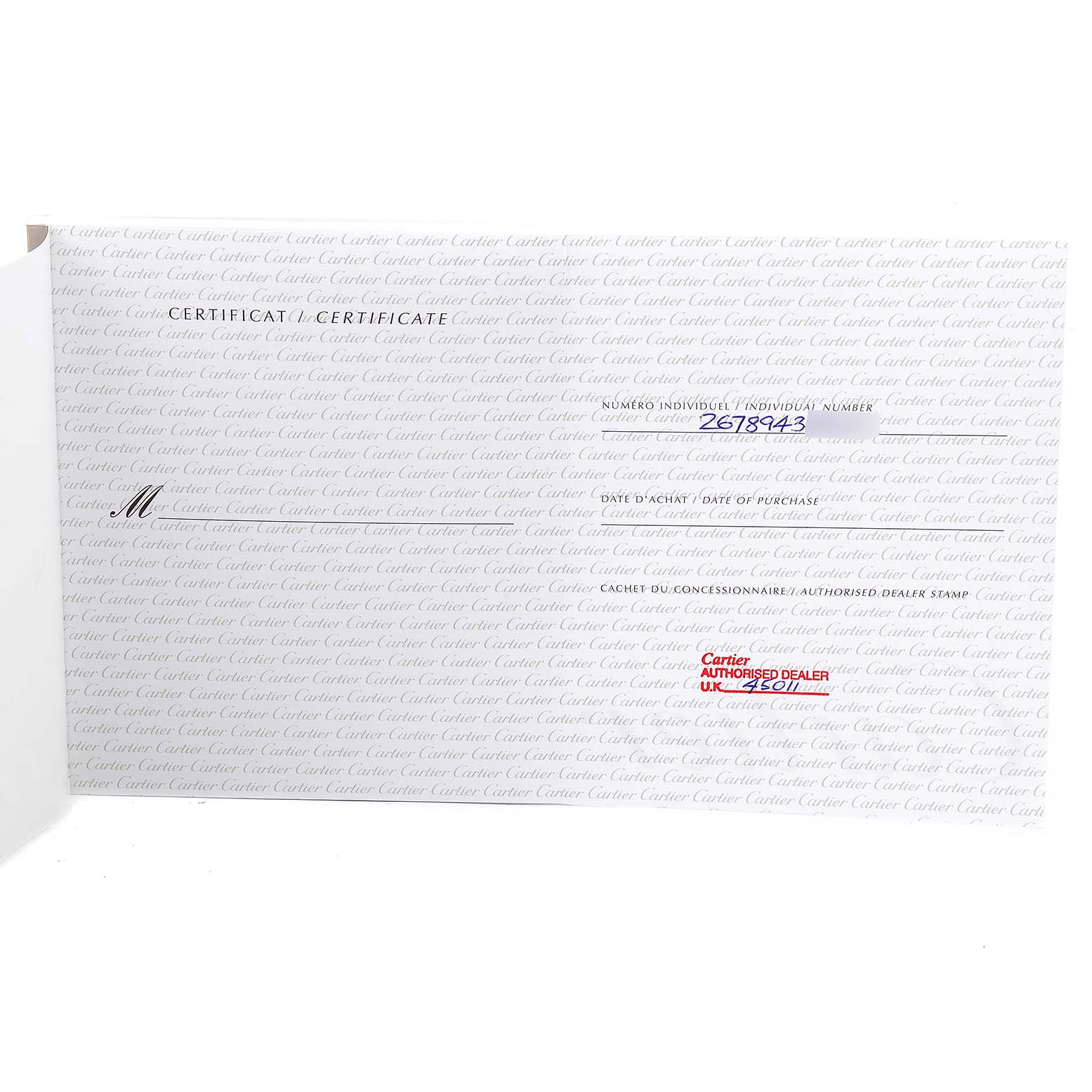 This image shows a certificate with the Cartier branding for the Tank Louis model watch, including an individual number and dealer information.