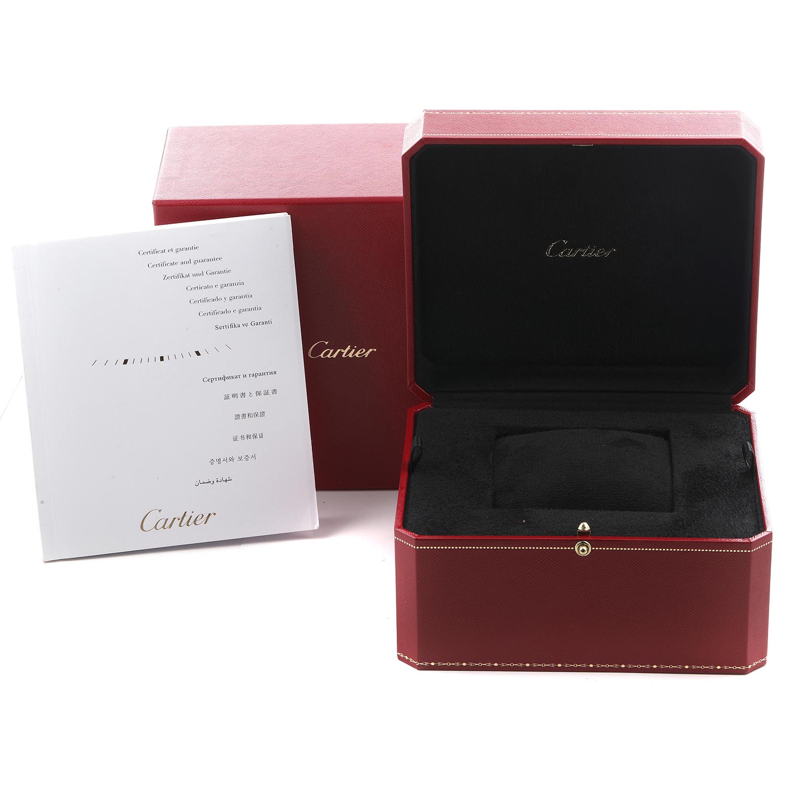 The image shows a Cartier Tank MC W5330001 Men's Rose Gold Silver Dial W5330001 Men's Rose Gold Silver Dial watch box, open to display its interior, alongside a certificate and outer packaging.