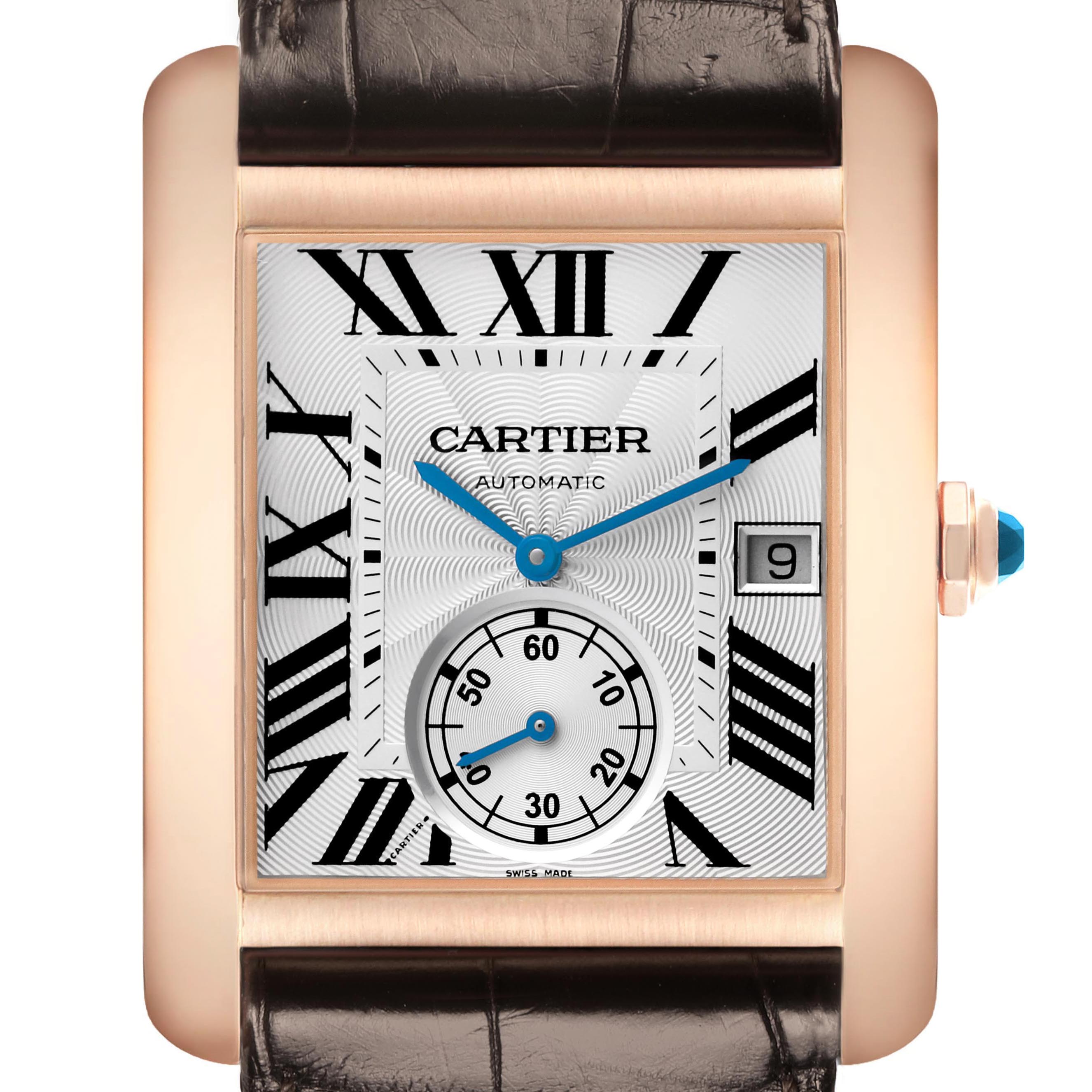 The Cartier Tank MC W5330001 Men's Rose Gold Silver Dial watch is shown from a front view, highlighting the face, Roman numerals, blue hands, and part of the strap.