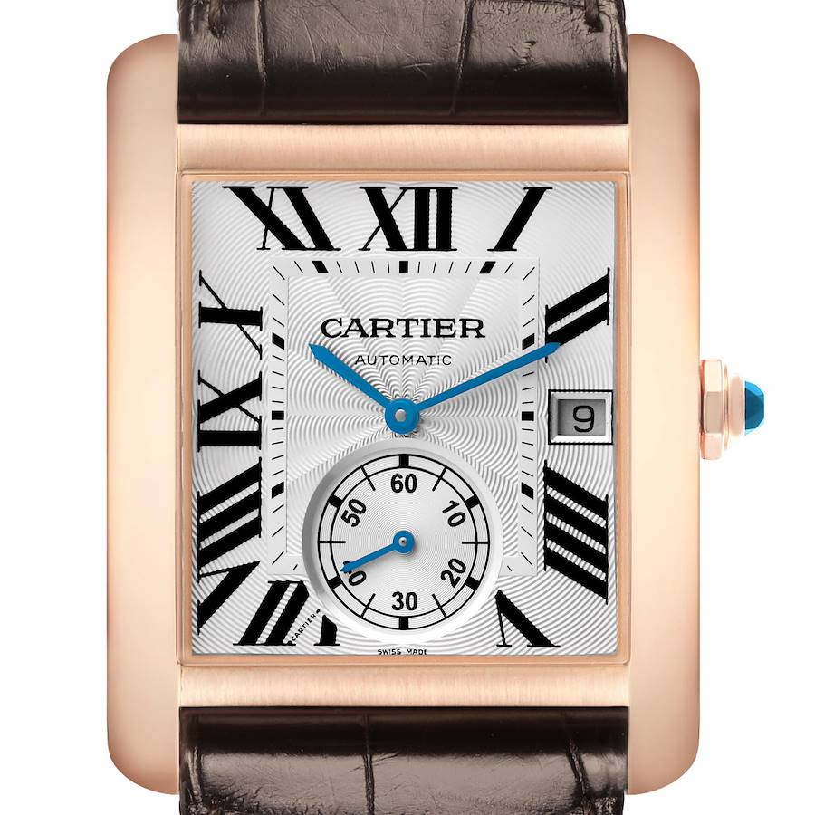 The Cartier Tank MC W5330001 Men's Rose Gold Silver Dial watch is shown from a front view, highlighting the face, Roman numerals, blue hands, and part of the strap.