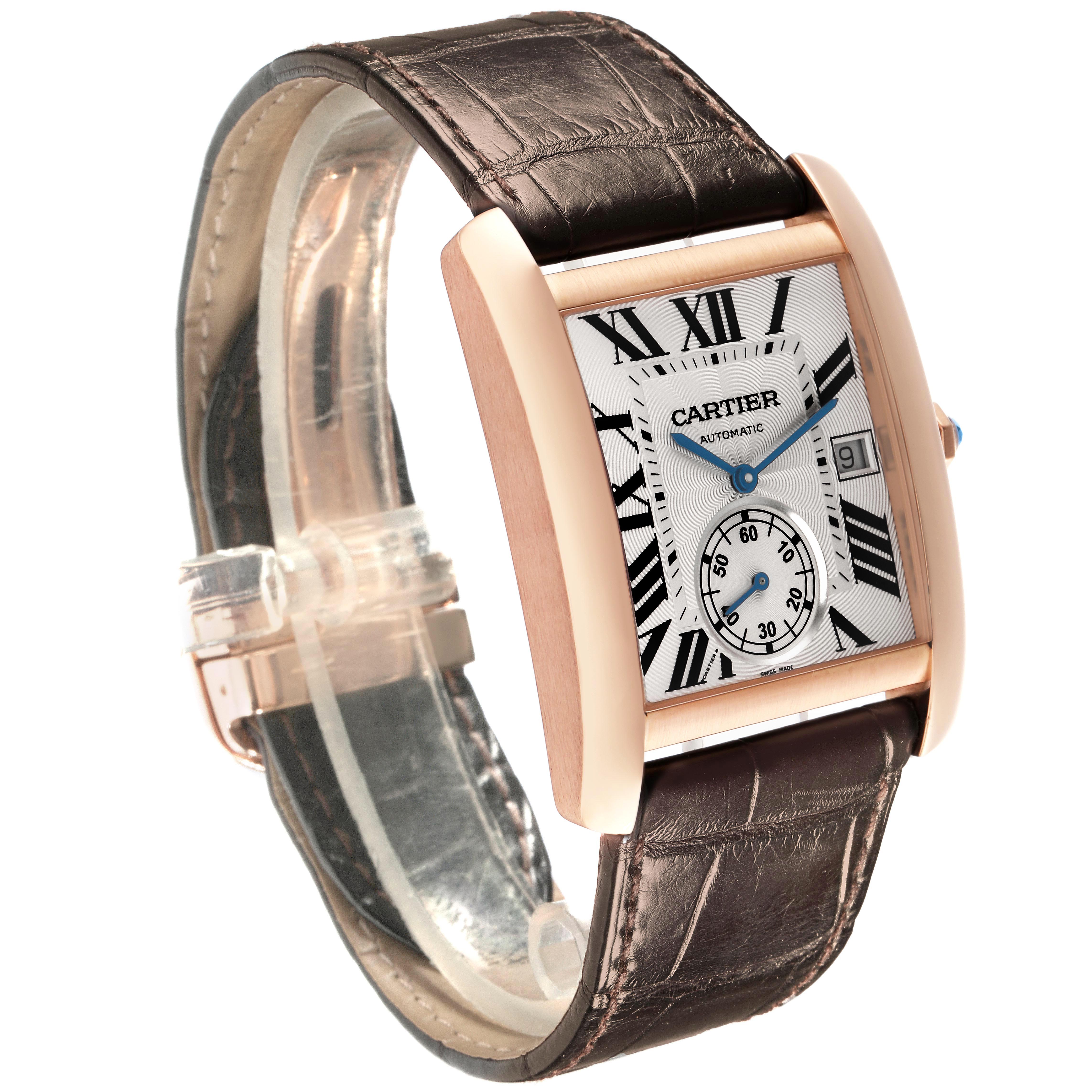 The Cartier Tank MC W5330001 Men's Rose Gold Silver Dial watch is shown at a three-quarter angle, highlighting the face, bezel, strap, and closure.