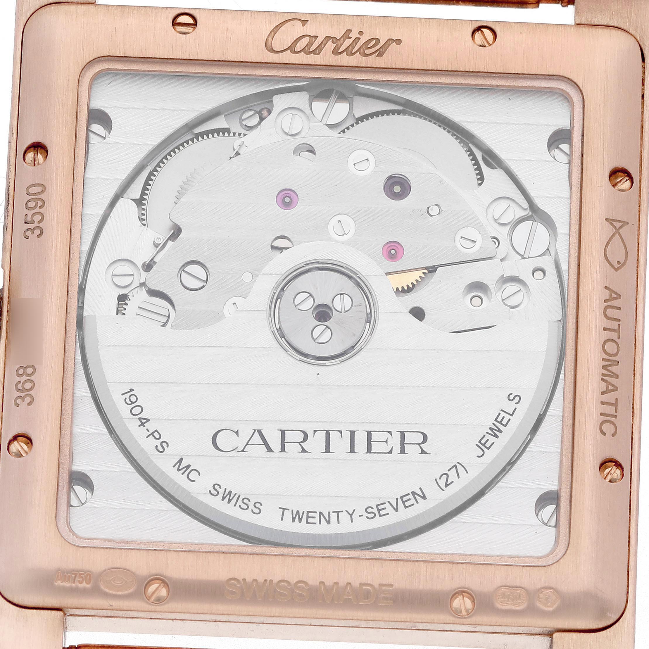 The image shows the back of a Cartier Tank MC W5330001 Men's Rose Gold Silver Dial watch, highlighting the automatic movement and mechanical parts.