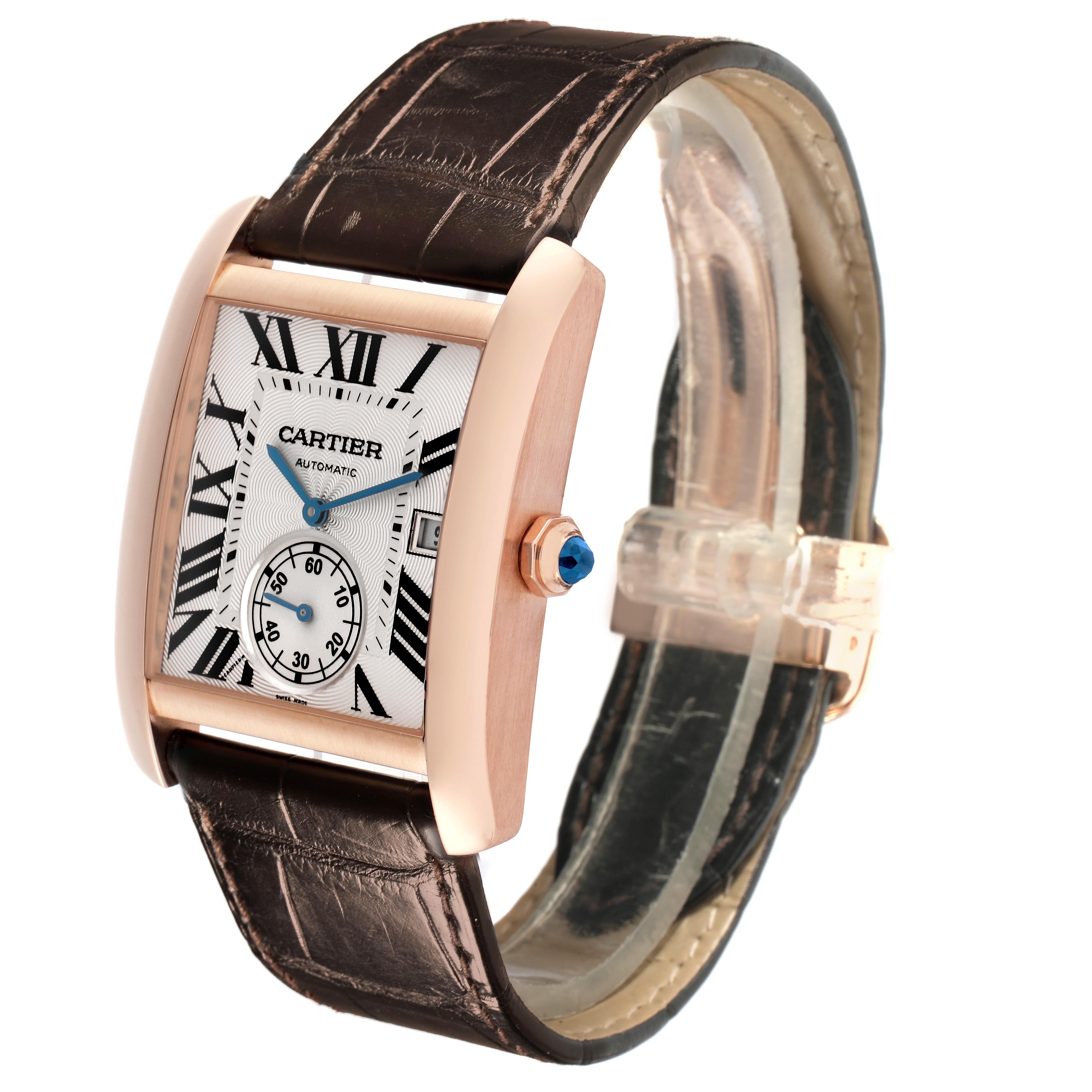 The Cartier Tank MC W5330001 Men's Rose Gold Silver Dial watch is angled to show its face, case, leather strap, and blue crown detail.
