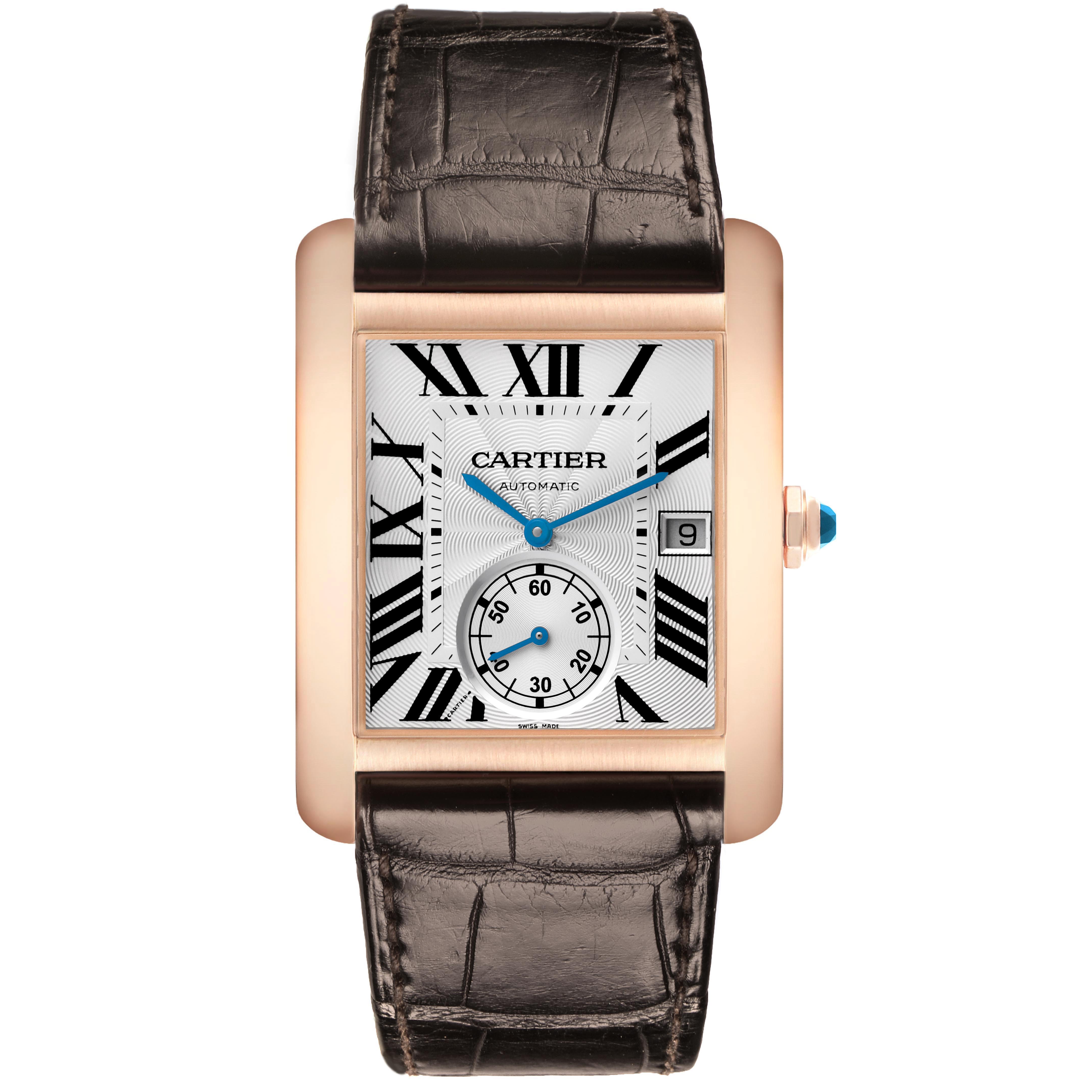 The Cartier Tank MC W5330001 Men's Rose Gold Silver Dial watch is shown from the front, displaying its rectangular face, Roman numerals, and leather strap.