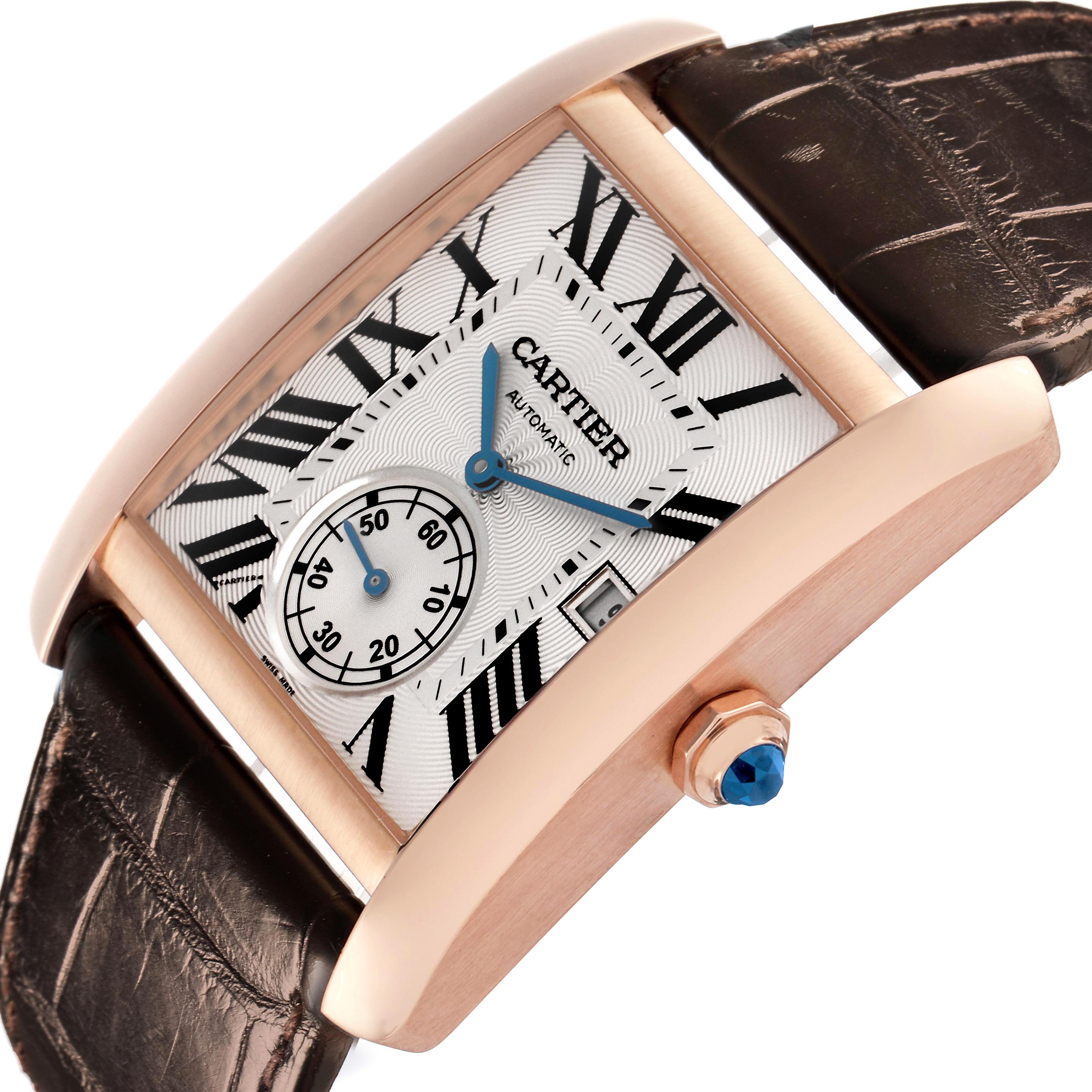 The image shows a Cartier Tank MC W5330001 Men's Rose Gold Silver Dial watch at an angle highlighting its dial, crown, and part of the leather strap.