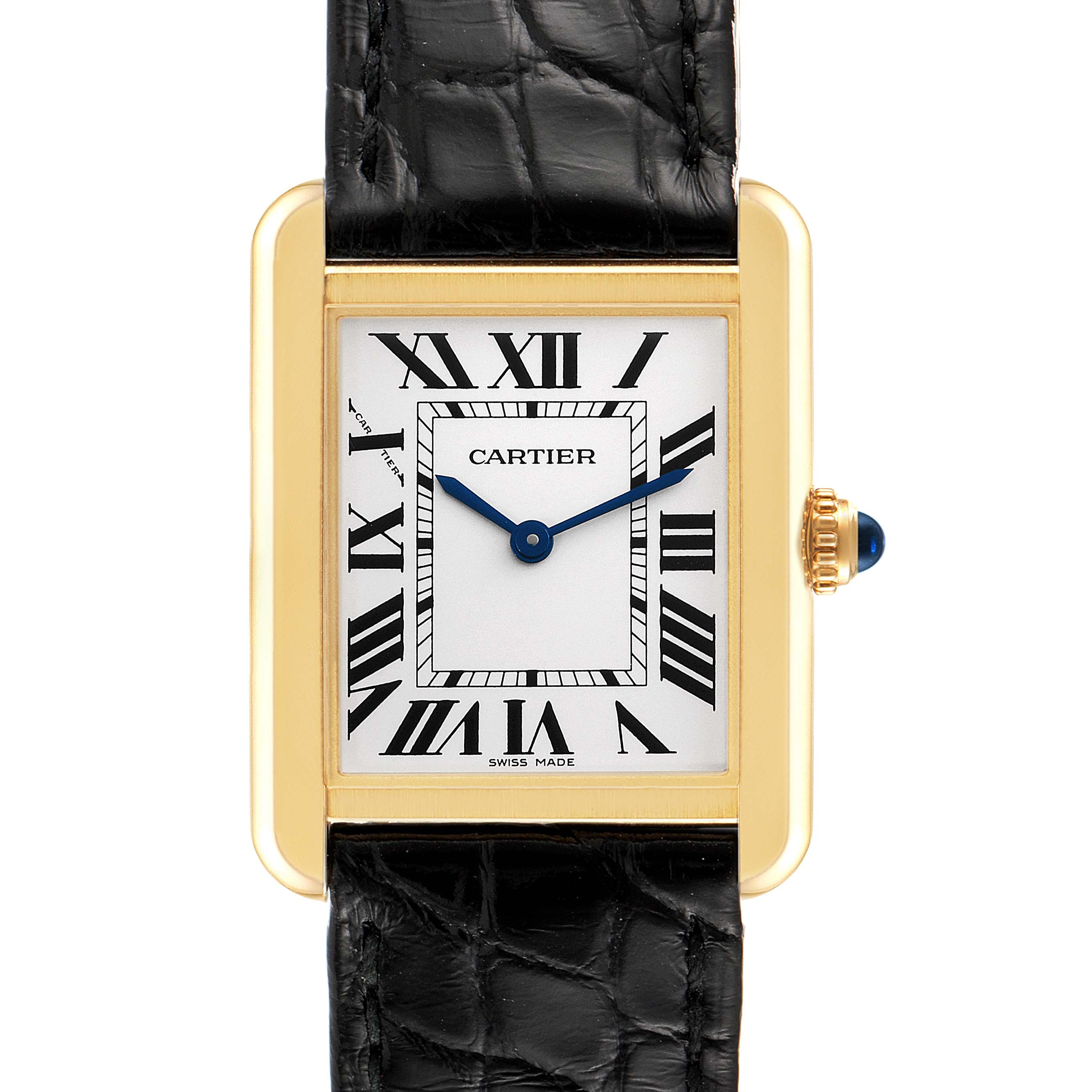 The image shows a front view of the Cartier Tank Solo W5200002 Women's Yellow Gold Silver Dial W5200002 Women's Yellow Gold Silver Dial watch, including the rectangular face, Roman numerals, black strap, and crown with a blue cabochon.