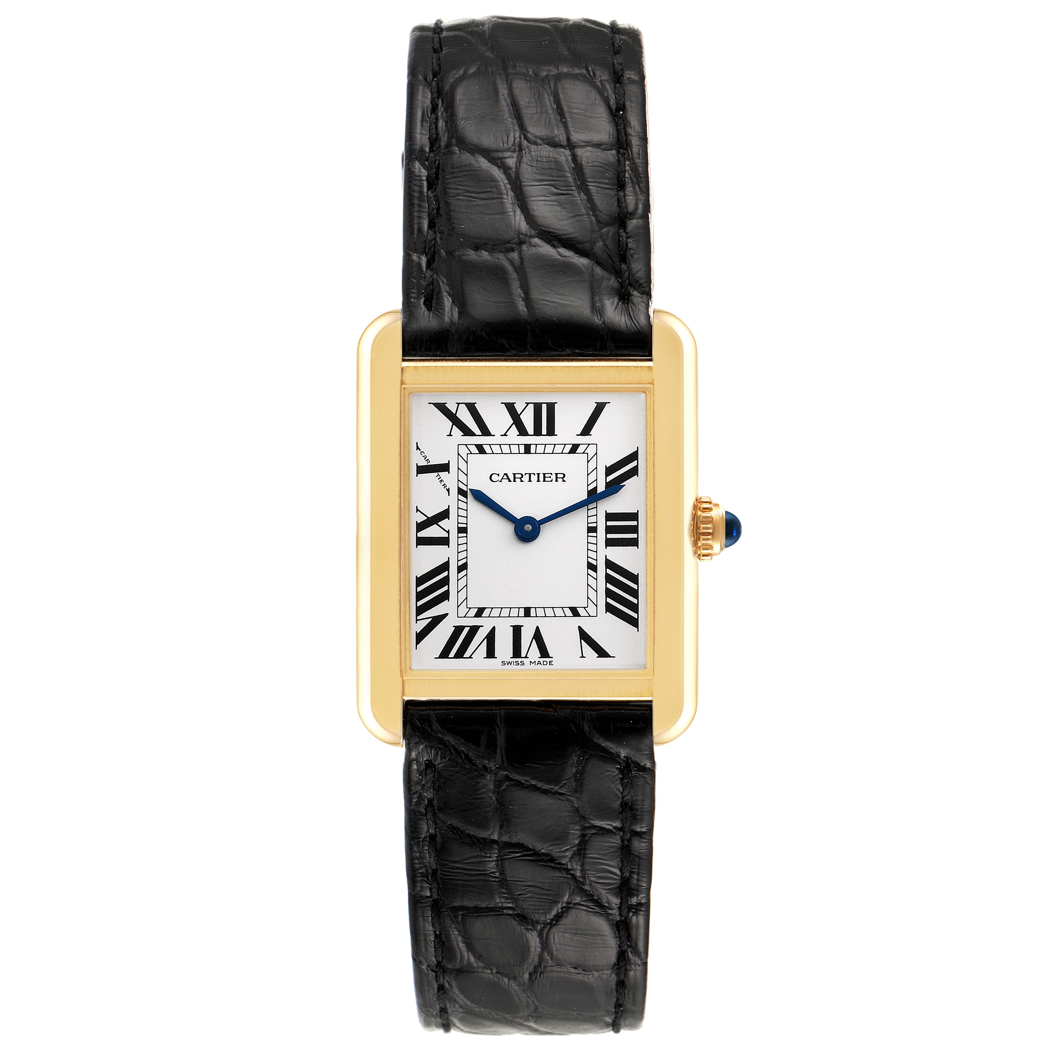 The Cartier Tank Solo W5200002 Women's Yellow Gold Silver Dial W5200002 Women's Yellow Gold Silver Dial watch is shown from the front, displaying its face, roman numerals, gold case, and black leather strap.