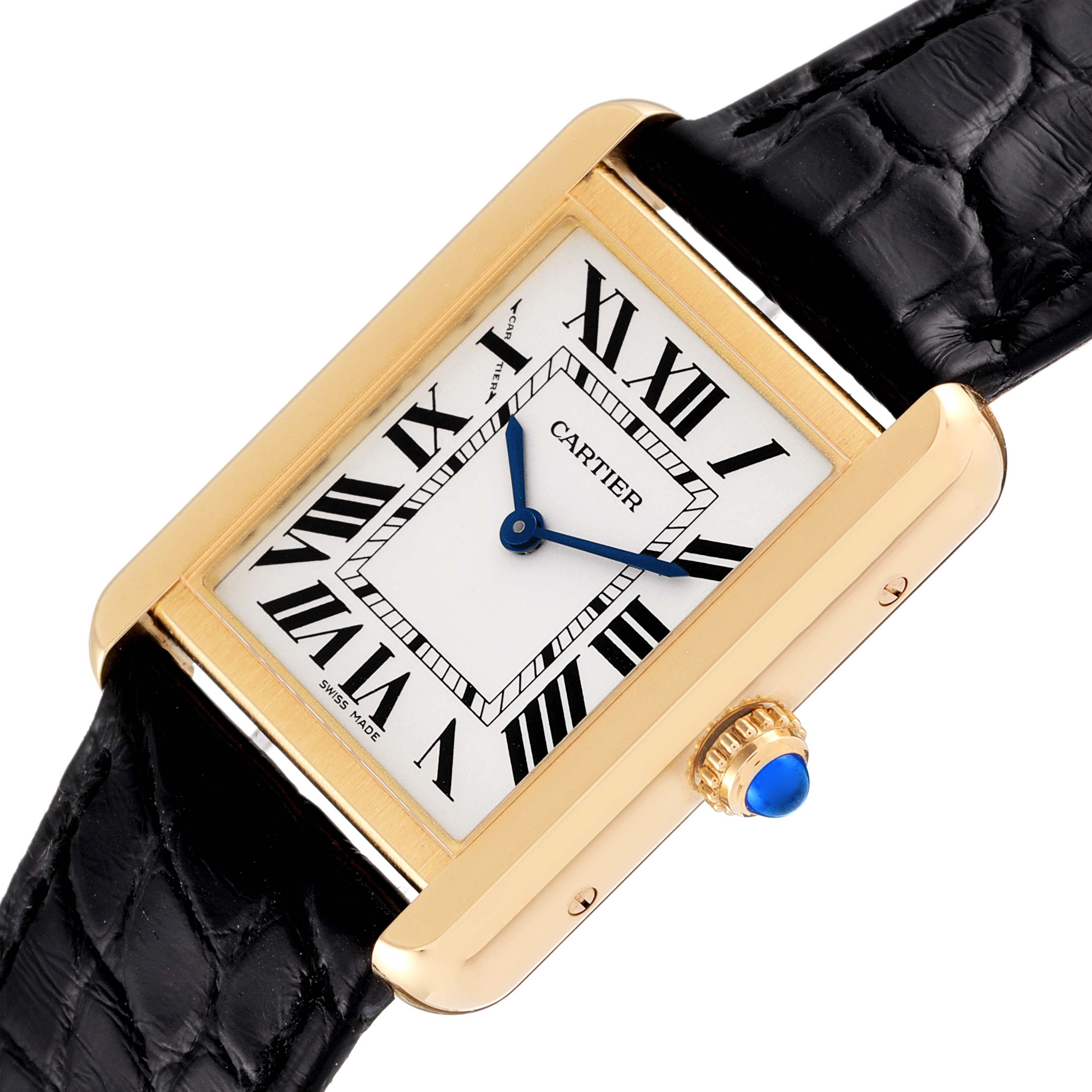 The image shows a close-up angle of the Cartier Tank Solo W5200002 Women's Yellow Gold Silver Dial W5200002 Women's Yellow Gold Silver Dial watch, highlighting the face, gold case, blue hands, and black strap.