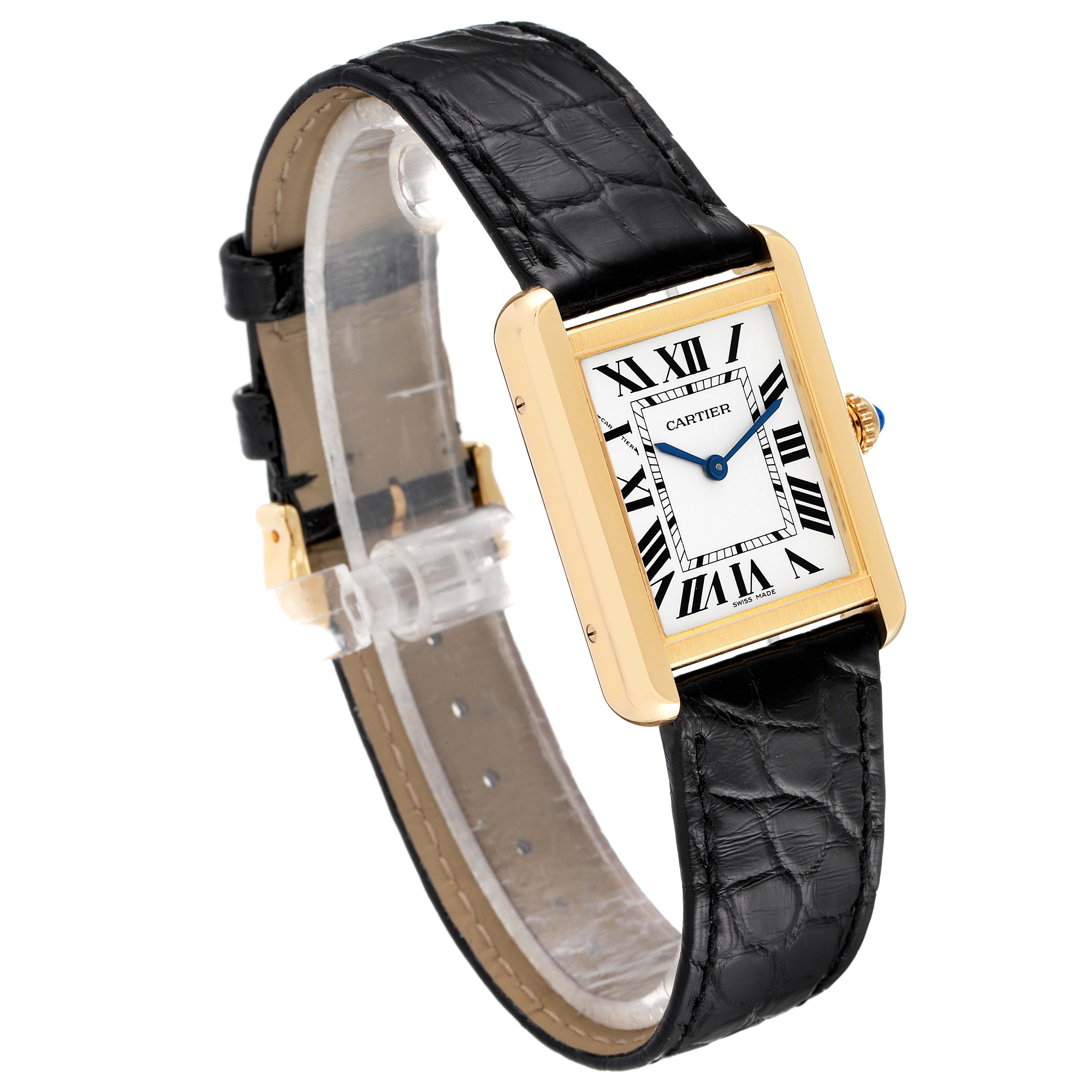 This image shows a Cartier Tank Solo W5200002 Women's Yellow Gold Silver Dial W5200002 Women's Yellow Gold Silver Dial watch at a three-quarter angle, showcasing the dial, strap, and case.