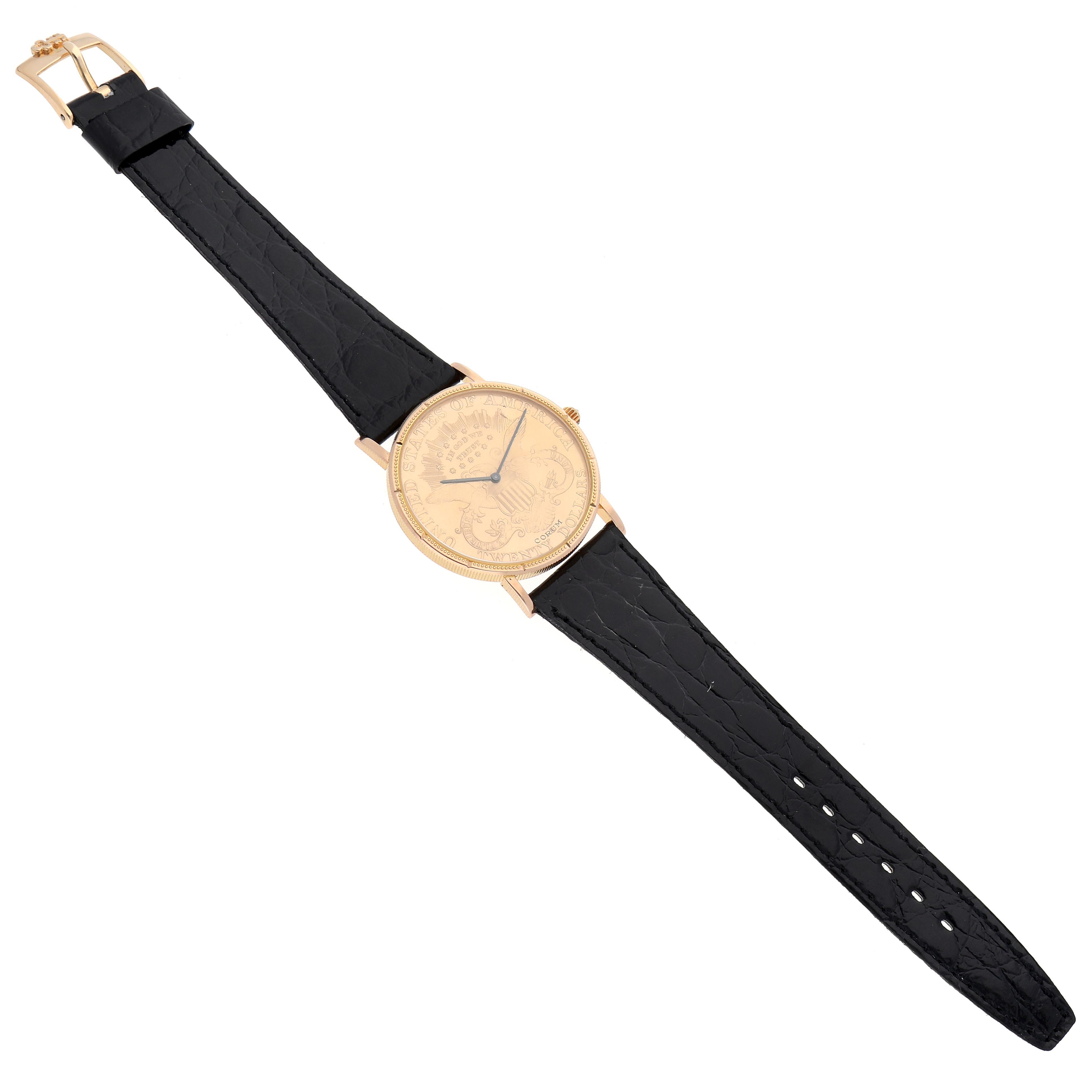 The Corum Coin Watch 4414556 Men's Yellow Gold Champagne Dial 4414556 Men's Yellow Gold Champagne Dial is shown from a top-down angle, displaying the face, gold case, and entire black leather strap.