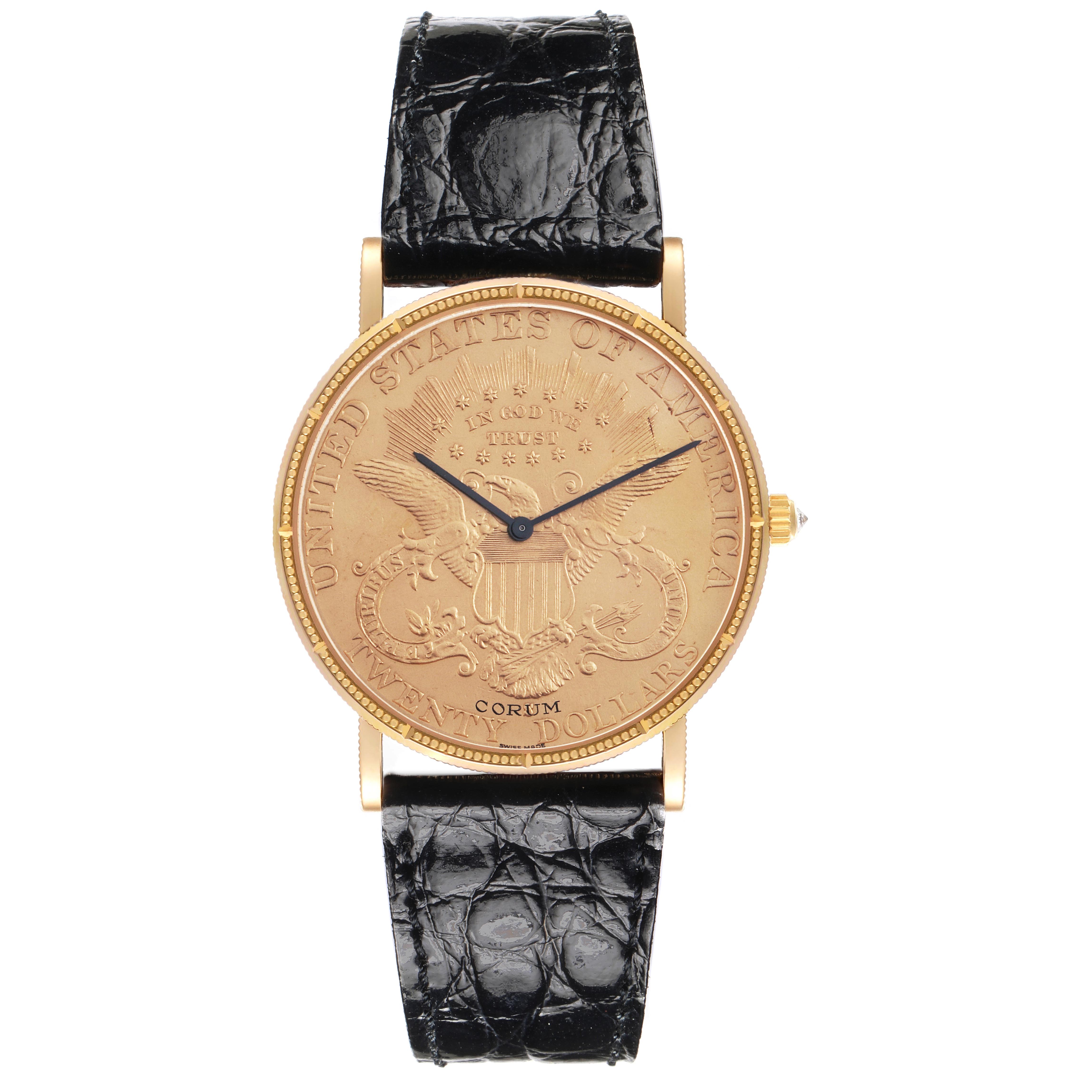 The Corum Coin Watch 4414556 Men's Yellow Gold Champagne Dial 4414556 Men's Yellow Gold Champagne Dial is shown from a top-down angle, displaying the coin-designed dial, black leather strap, and gold watch case.