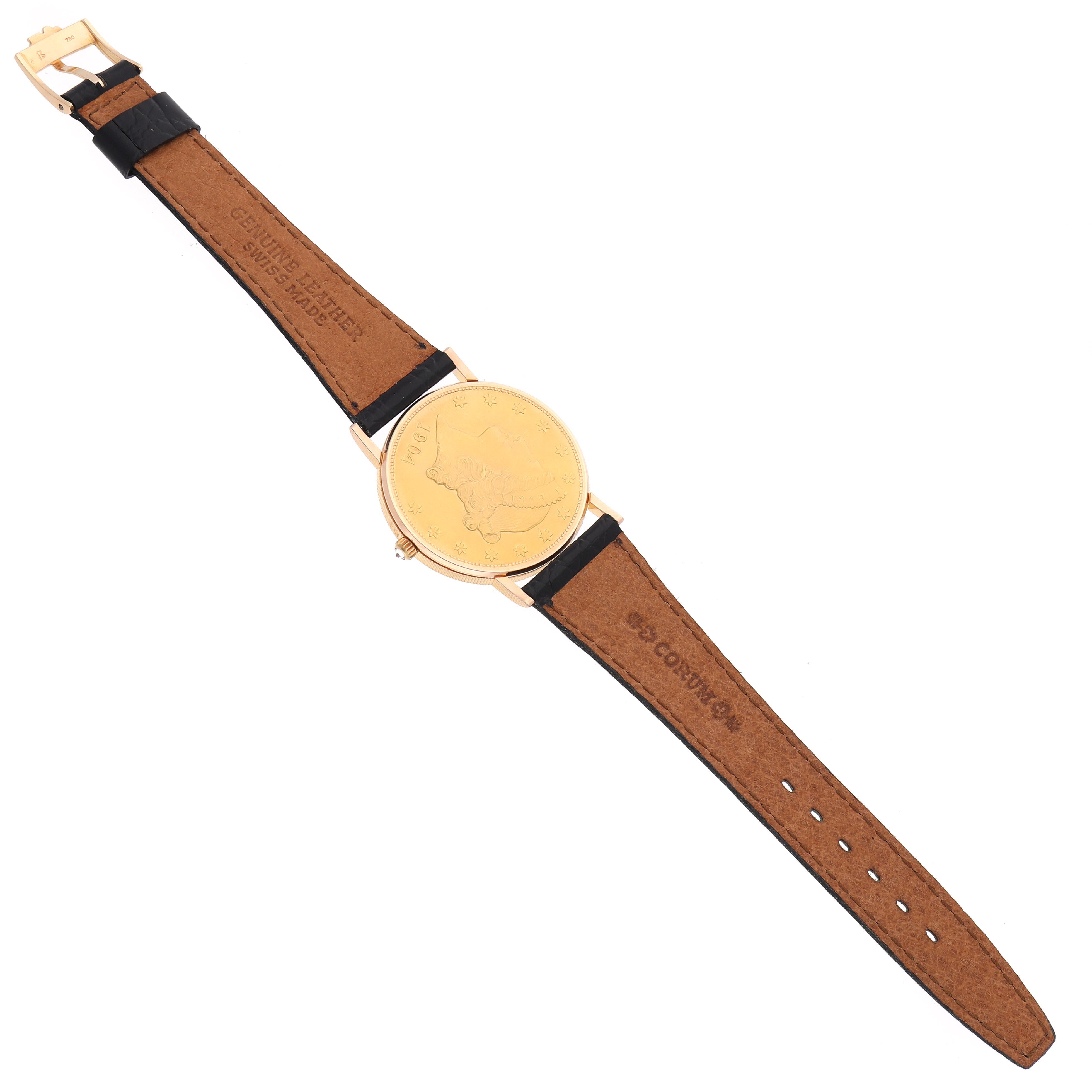 The image shows the back view of the Corum Coin Watch 4414556 Men's Yellow Gold Champagne Dial 4414556 Men's Yellow Gold Champagne Dial with its full leather strap and buckle visible.