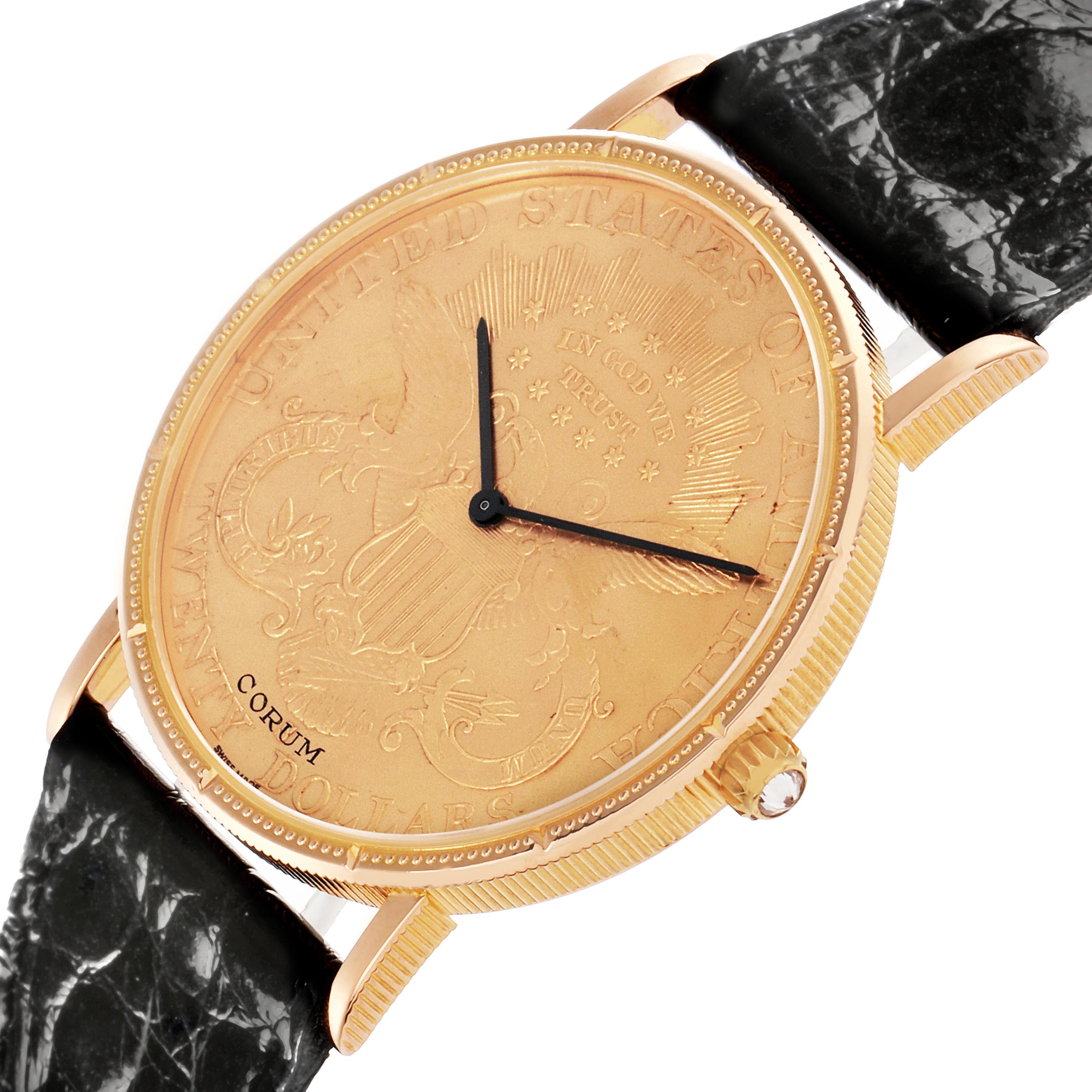 The Corum Coin Watch 4414556 Men's Yellow Gold Champagne Dial 4414556 Men's Yellow Gold Champagne Dial model is shown at an angled view, highlighting the gold coin-style face, black hands, and textured bezel.