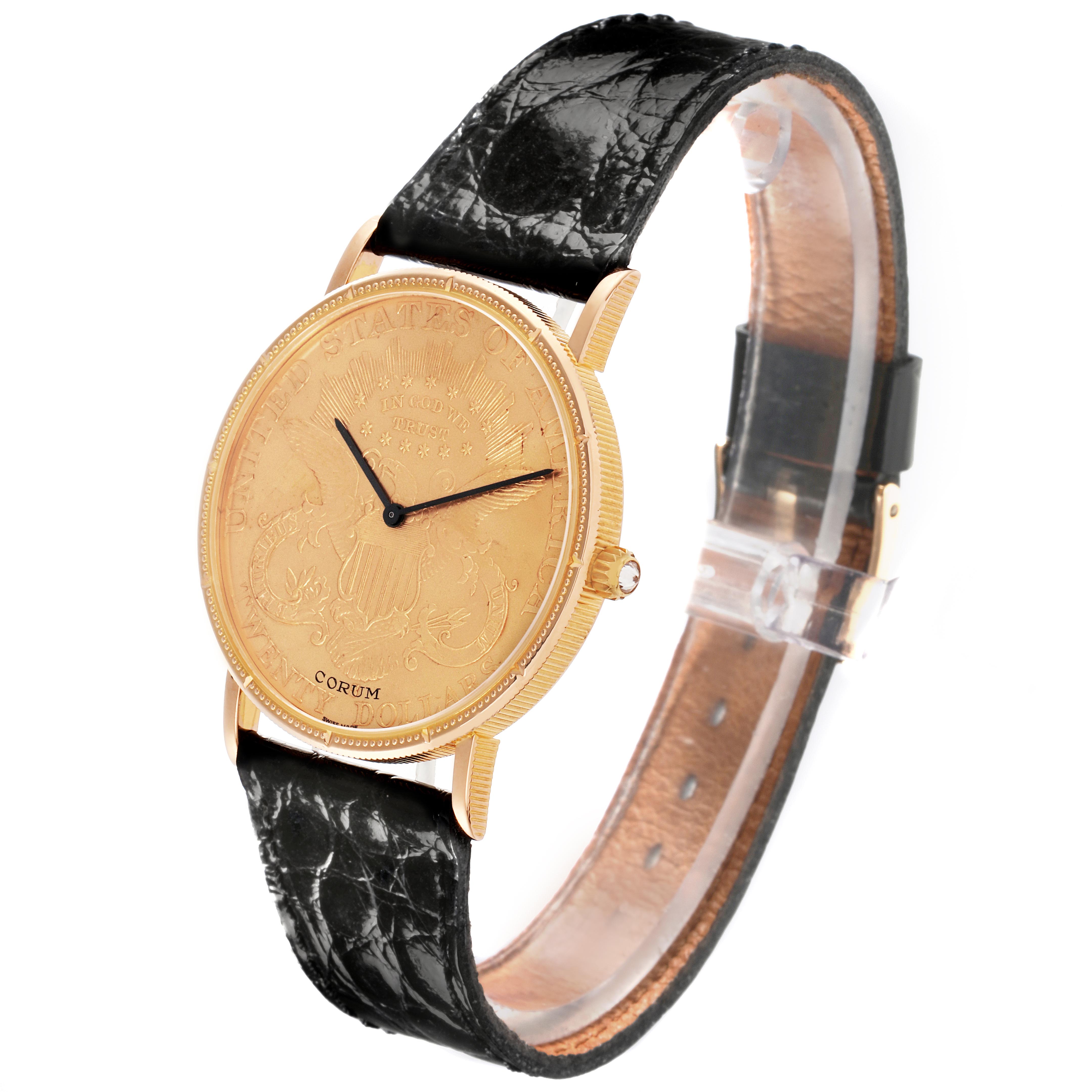 The Corum Coin Watch 4414556 Men's Yellow Gold Champagne Dial 4414556 Men's Yellow Gold Champagne Dial is shown at a three-quarter angle, displaying the gold coin dial, black leather strap, and side crown.