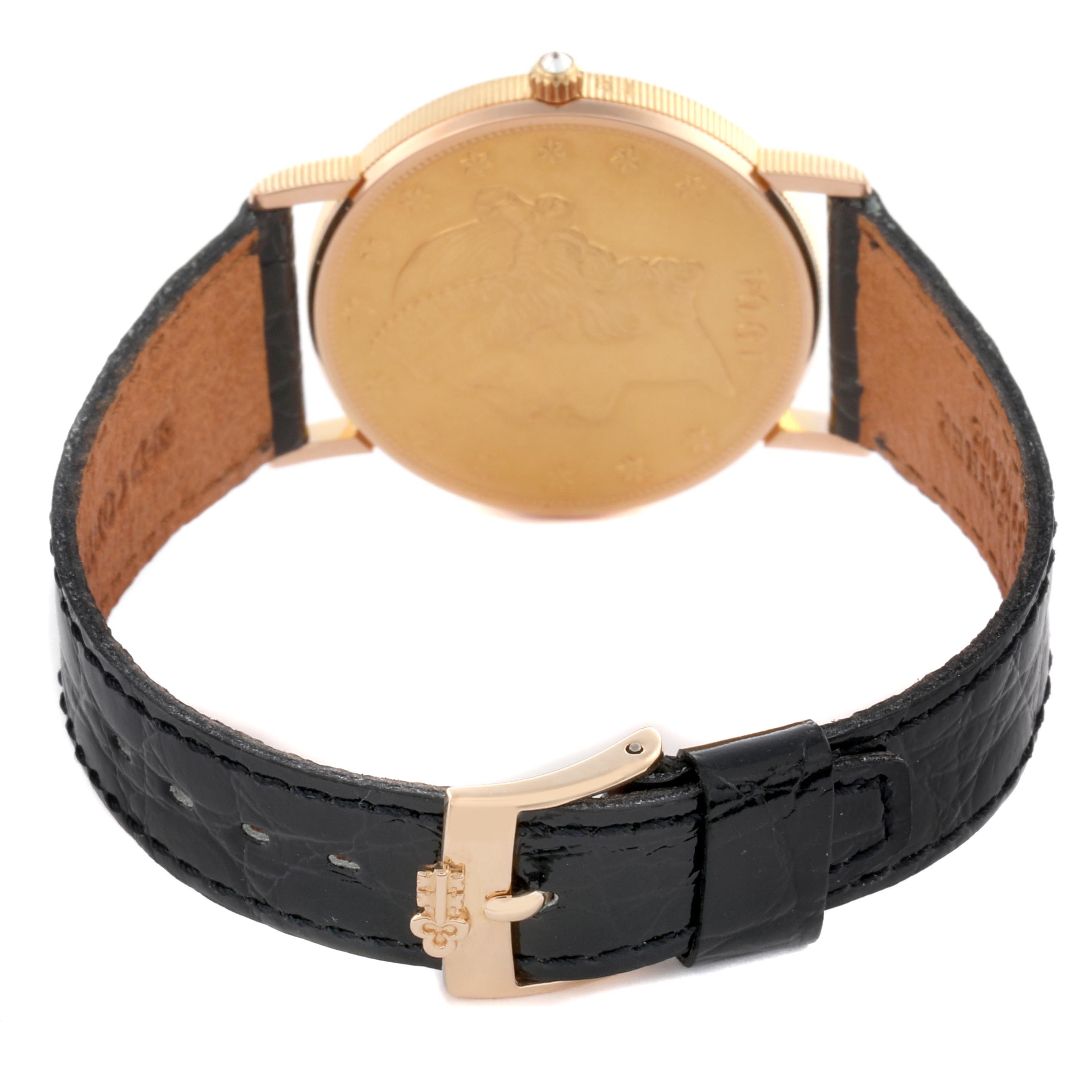 The image shows the back view of the Corum Coin Watch 4414556 Men's Yellow Gold Champagne Dial 4414556 Men's Yellow Gold Champagne Dial model, highlighting its case back, leather strap, and buckle.