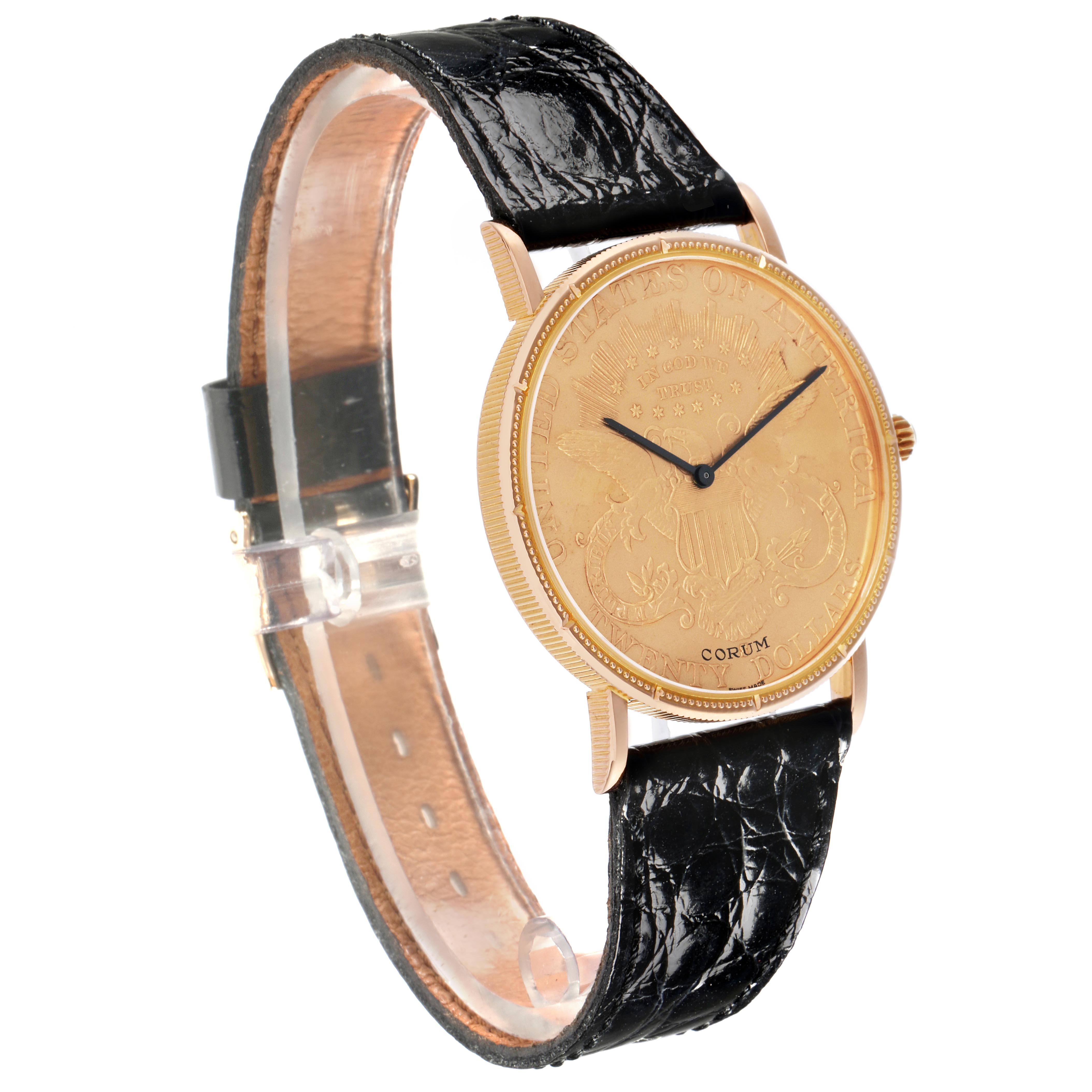 The Corum Coin Watch 4414556 Men's Yellow Gold Champagne Dial 4414556 Men's Yellow Gold Champagne Dial is shown at a slight angled view, displaying the gold coin face, black strap, and case detail.