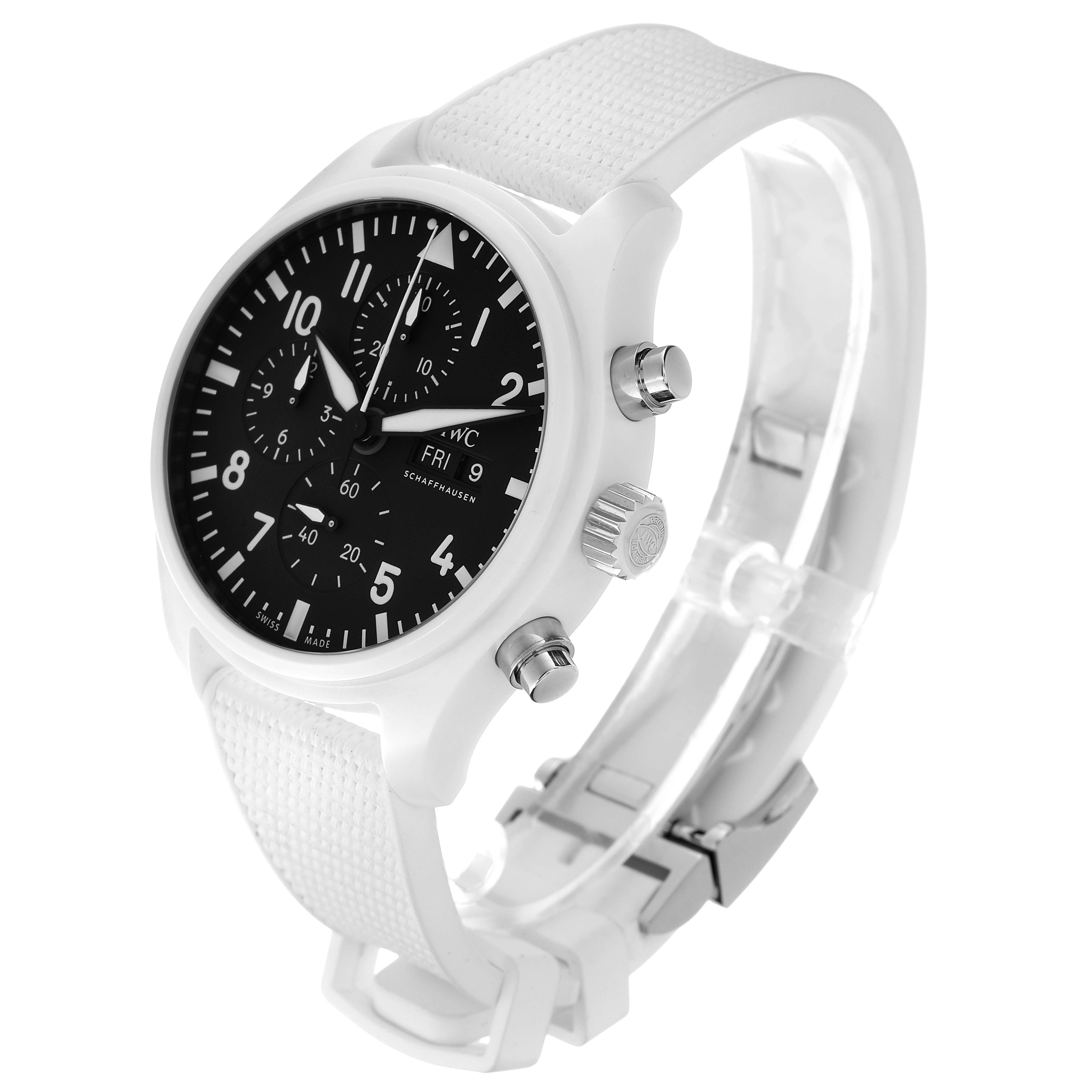 The image shows a side angle view of the IWC Pilot IW389105 Men's Ceramic Black Dial IW389105 Men's Ceramic Black Dial model watch, highlighting its face, bezel, crown, pushers, and strap.