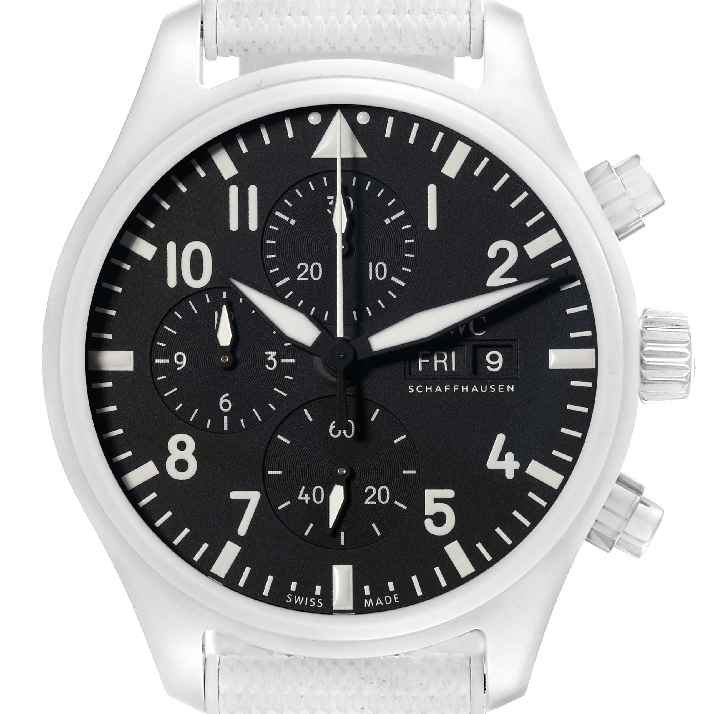 The IWC Pilot IW389105 Men's Ceramic Black Dial IW389105 Men's Ceramic Black Dial model watch is shown from a frontal angle, displaying its face, sub-dials, and crown.