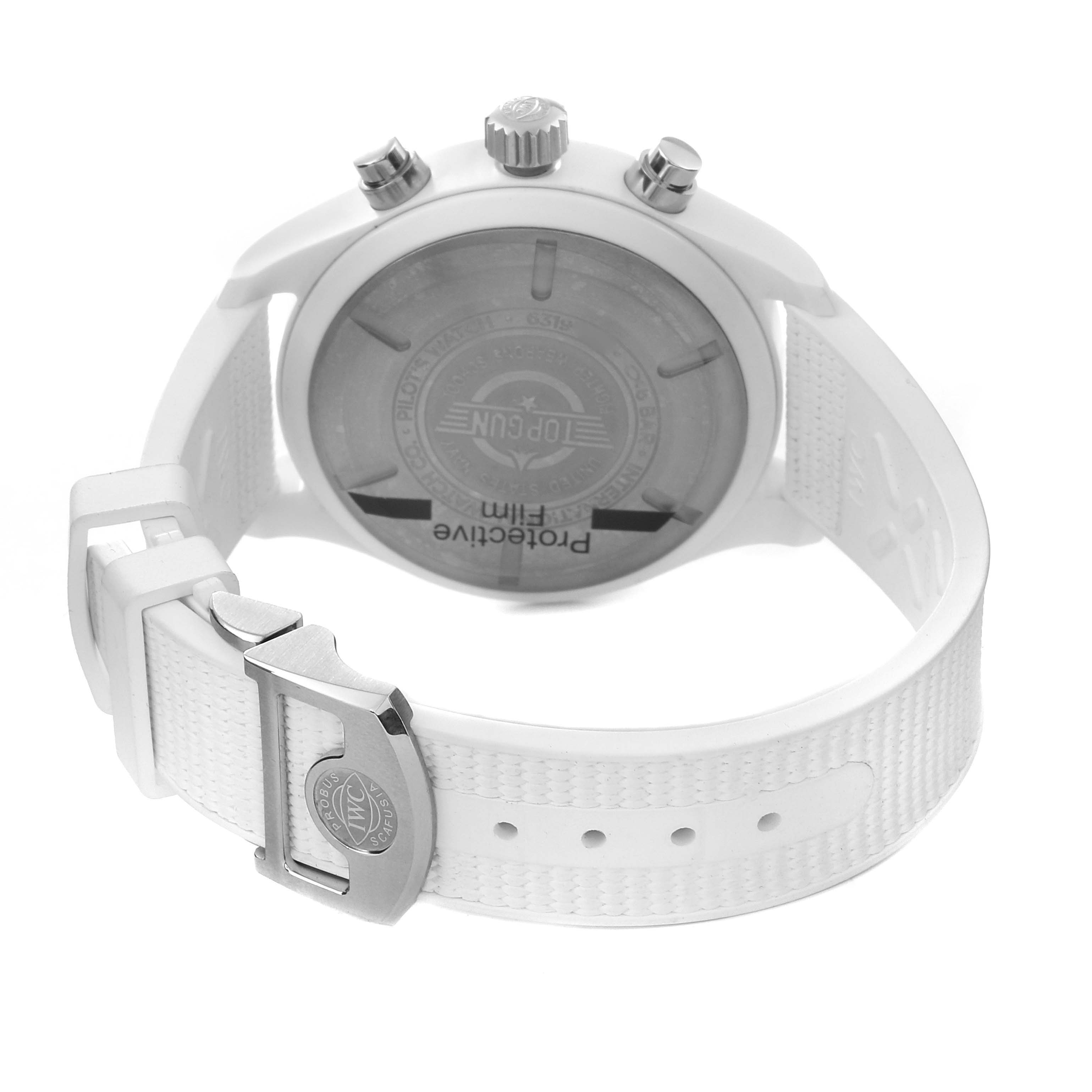 The image shows the back view of an IWC Pilot IW389105 Men's Ceramic Black Dial IW389105 Men's Ceramic Black Dial model watch, focusing on the case back, crown, pushers, and white strap.