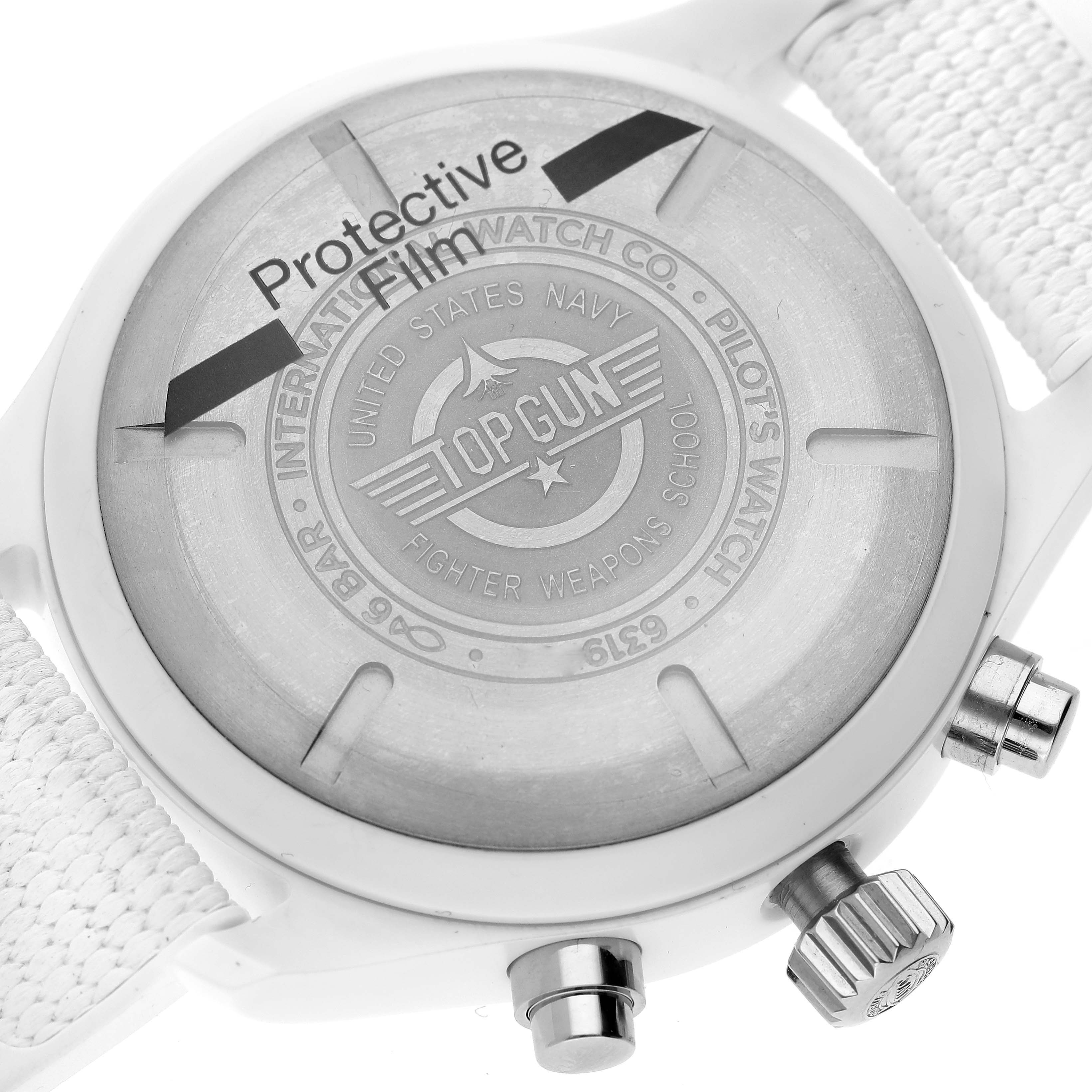 The image shows the back case of the IWC Pilot IW389105 Men's Ceramic Black Dial IW389105 Men's Ceramic Black Dial model watch, highlighting the engraved details and crown.