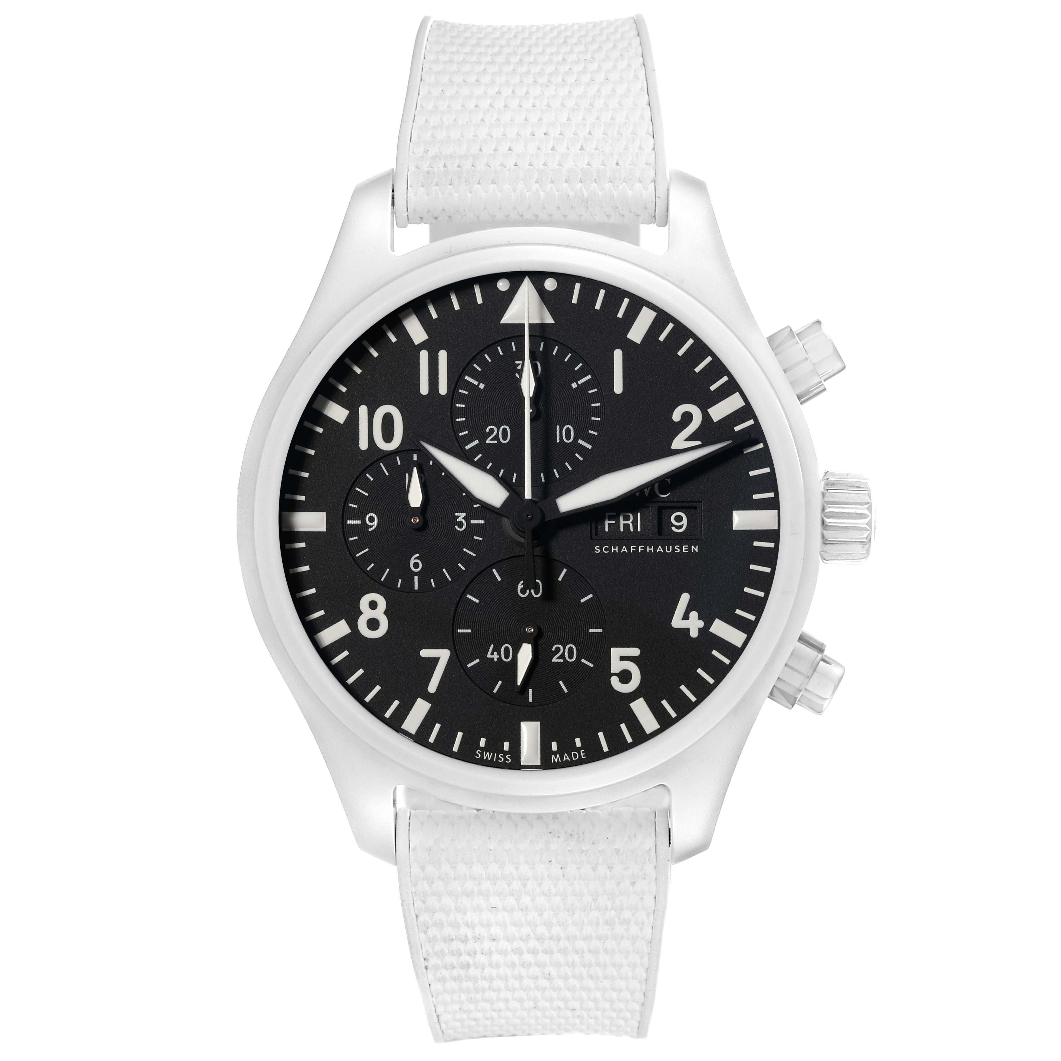 The image shows a front view of the IWC Pilot IW389105 Men's Ceramic Black Dial IW389105 Men's Ceramic Black Dial model watch, displaying its face, numerals, chronograph, and white strap.