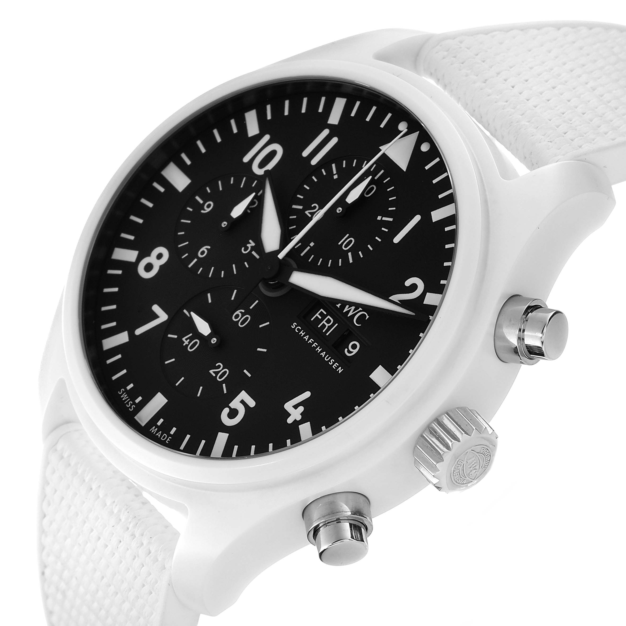 The IWC Pilot IW389105 Men's Ceramic Black Dial IW389105 Men's Ceramic Black Dial model watch is shown at an angle that highlights its face, crown, chronograph pushers, and part of its white strap.