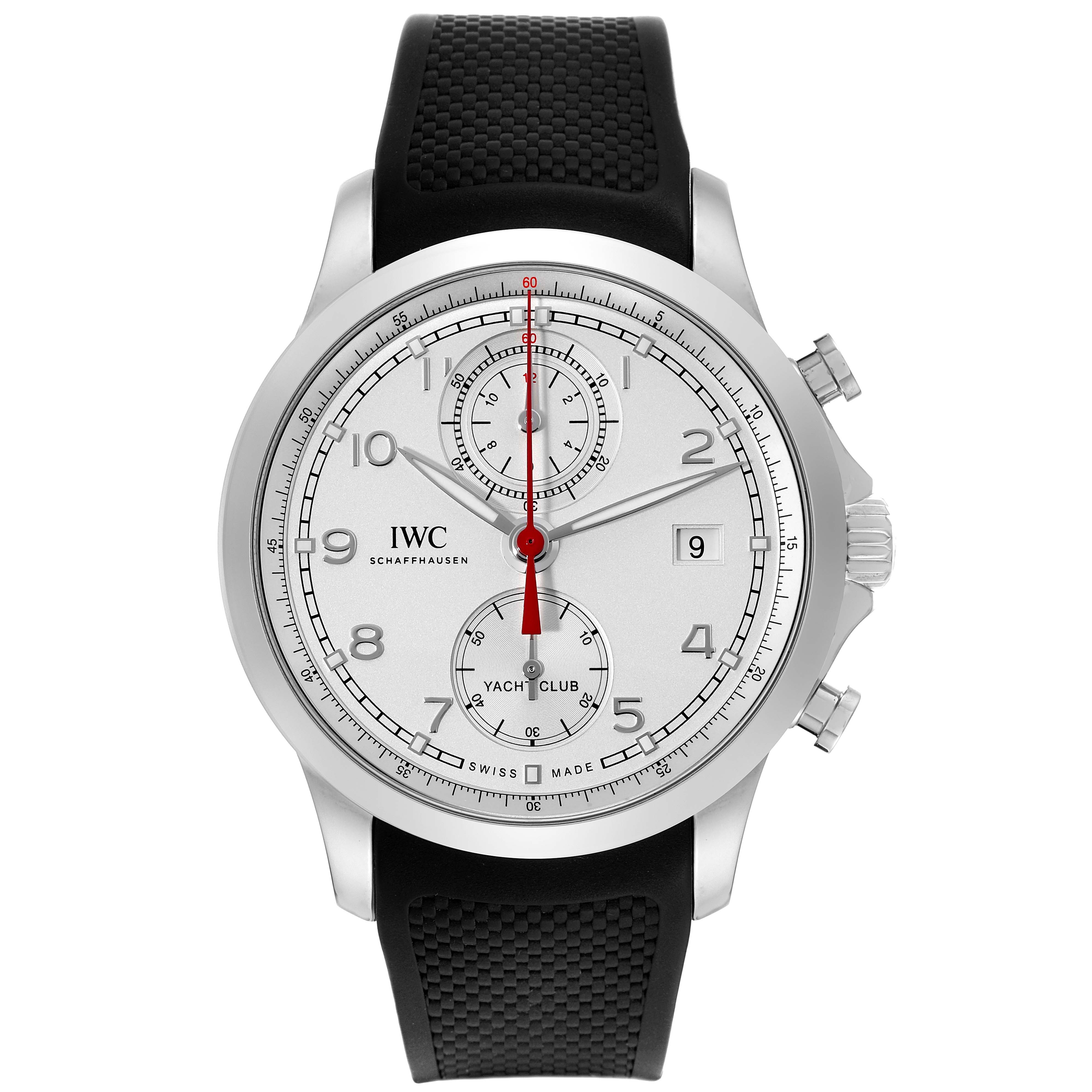 The image shows a front view of the IWC Portuguese IW390502 Men's Stainless Steel Silver Dial IW390502 Men's Stainless Steel Silver Dial Yacht Club watch, displaying its face and bezel.