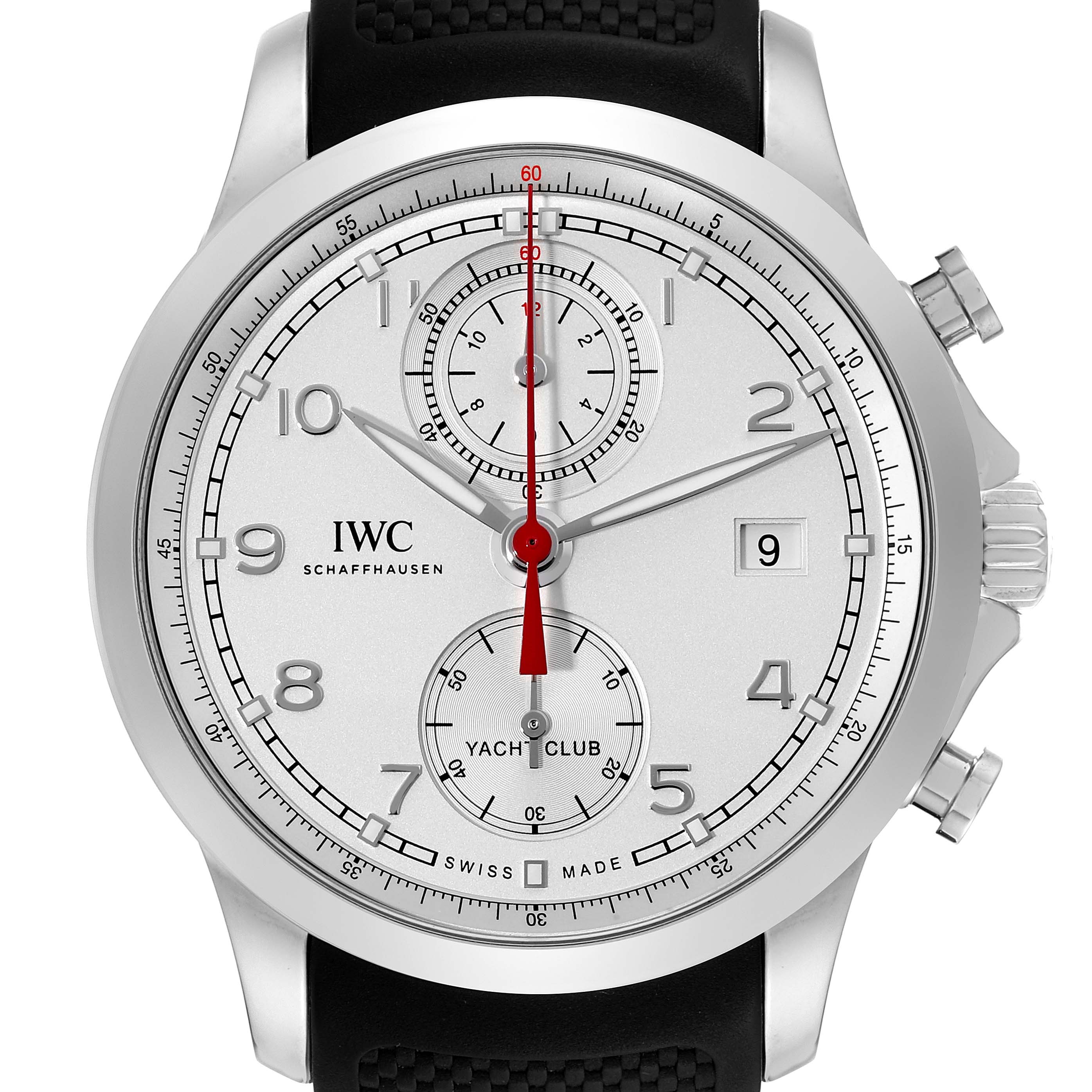 The image shows a front view of an IWC Portuguese IW390502 Men's Stainless Steel Silver Dial IW390502 Men's Stainless Steel Silver Dial Yacht Club watch, displaying the dial, hands, subdials, and crown.