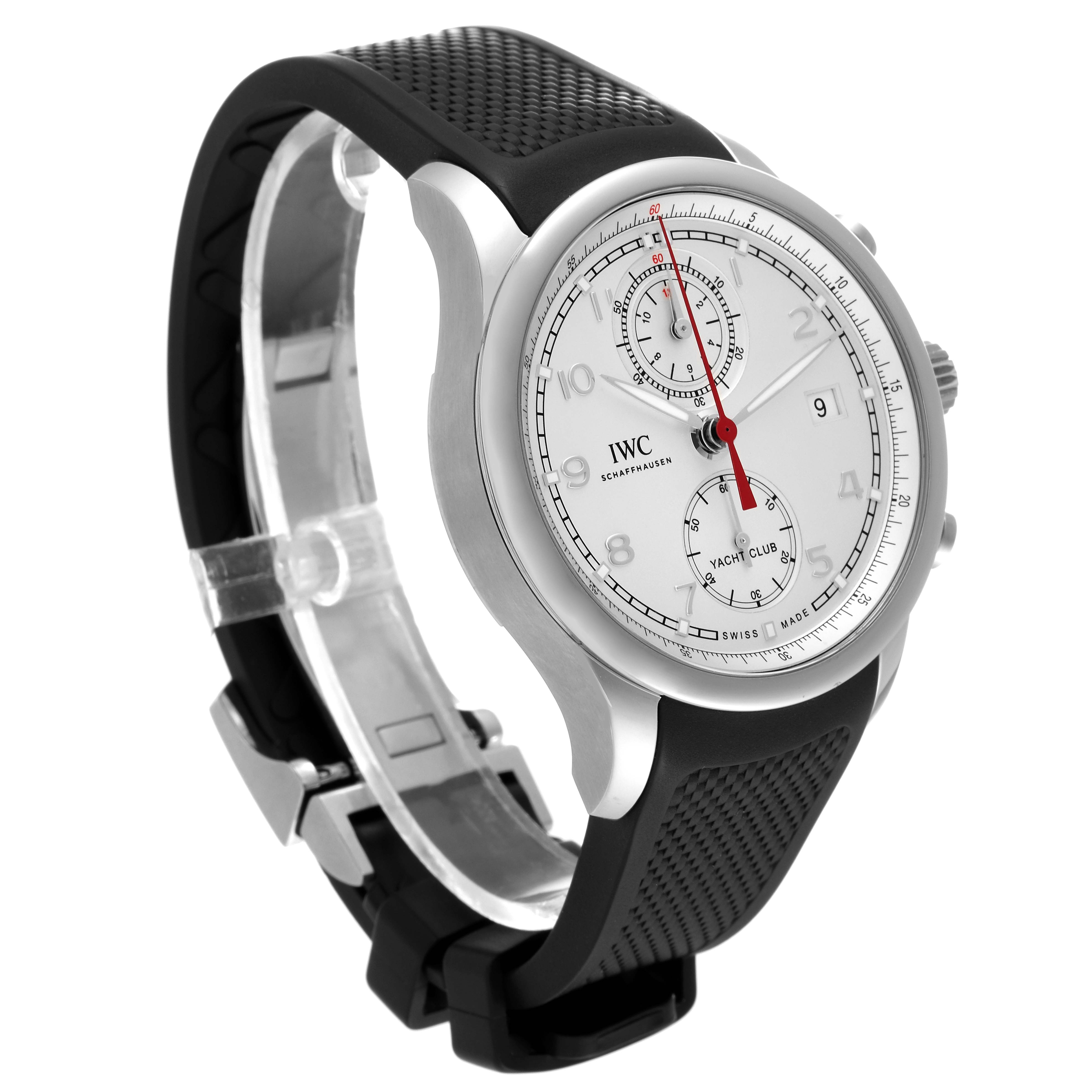 The IWC Portuguese IW390502 Men's Stainless Steel Silver Dial IW390502 Men's Stainless Steel Silver Dial model watch is shown at a slight side angle, highlighting the dial, bezel, and strap.