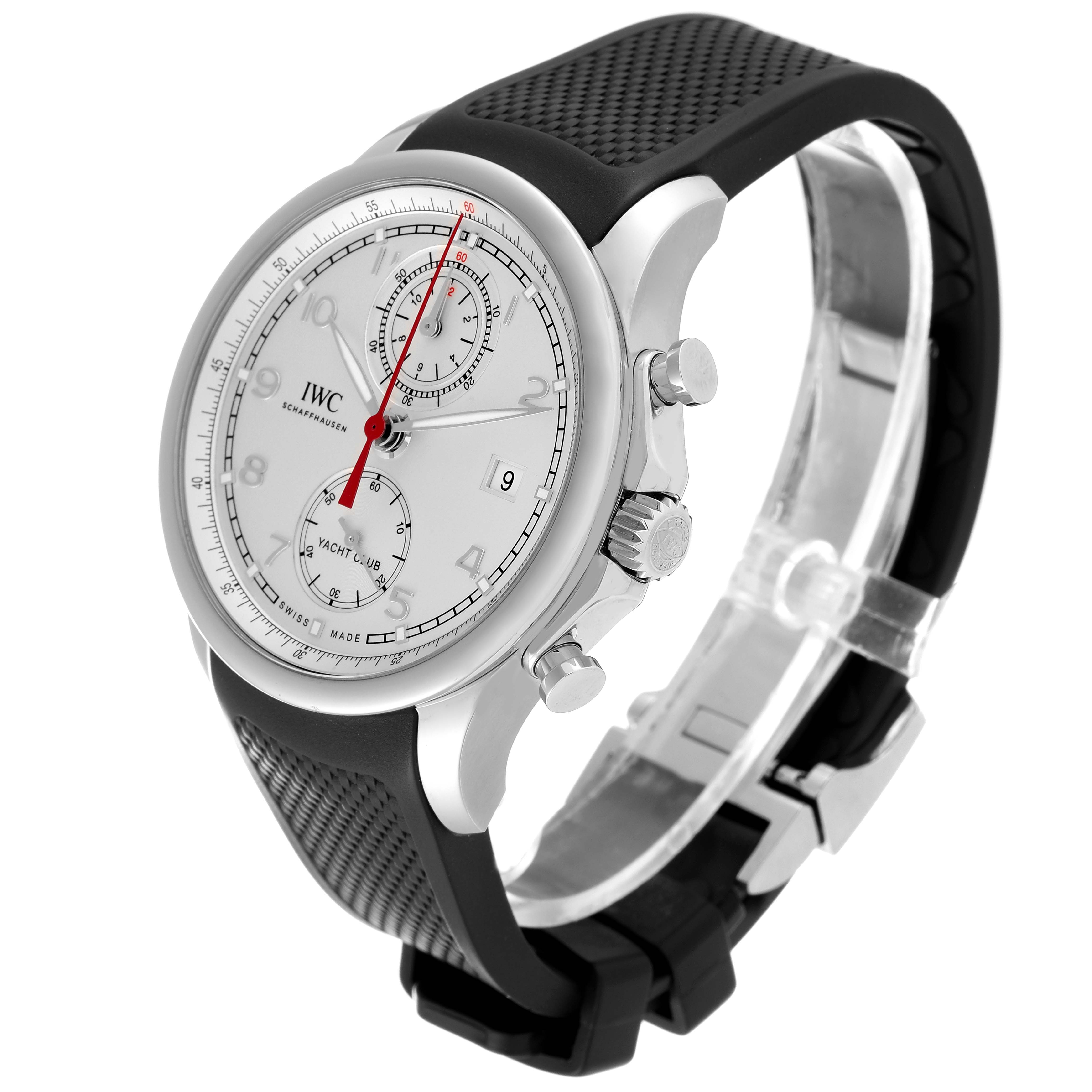 The image shows an angled view of the IWC Portuguese IW390502 Men's Stainless Steel Silver Dial IW390502 Men's Stainless Steel Silver Dial Yacht Club watch, displaying the face, bezel, crown, pushers, and strap.