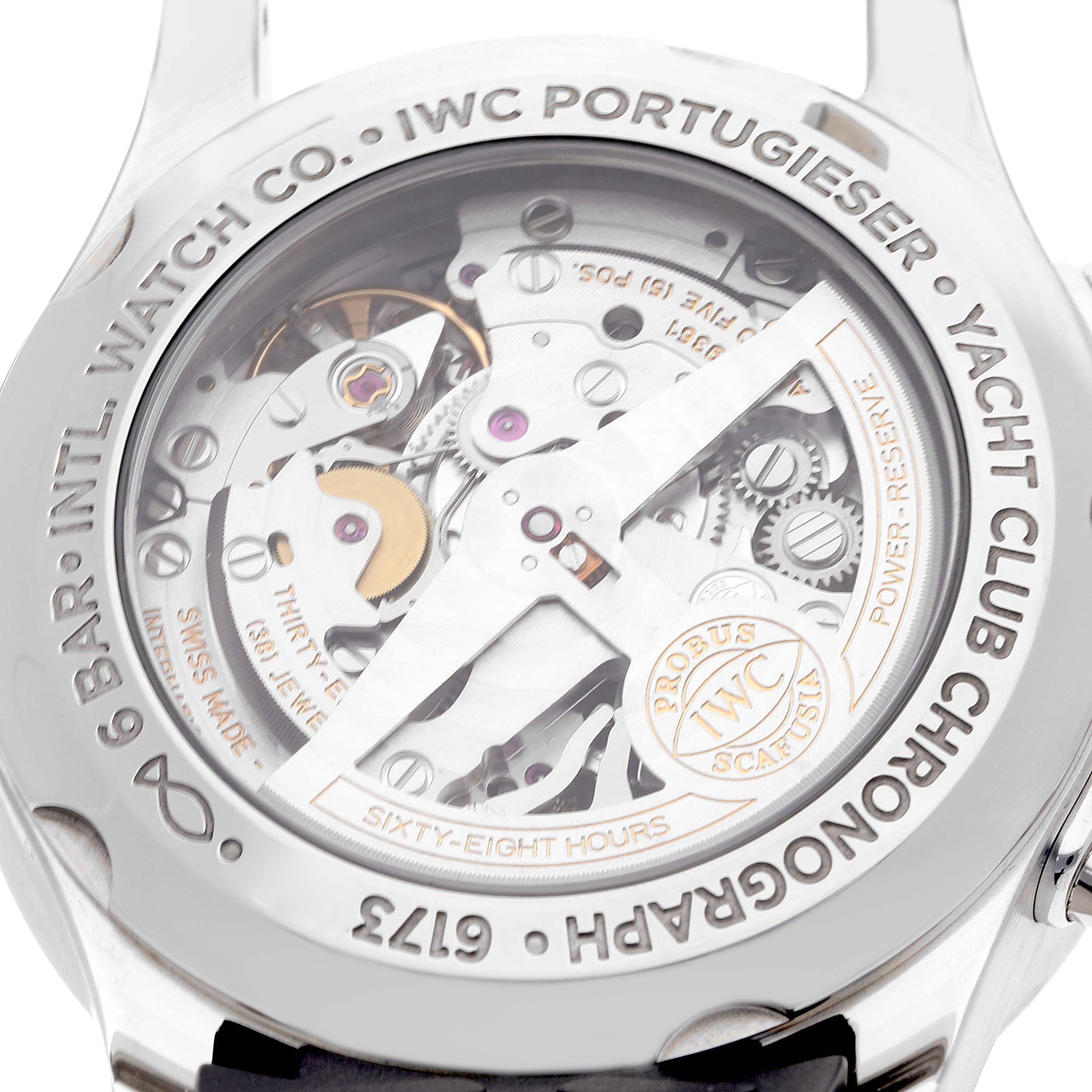 The image shows the backside of the IWC Portuguese IW390502 Men's Stainless Steel Silver Dial IW390502 Men's Stainless Steel Silver Dial Yacht Club Chronograph watch, displaying its internal mechanical components and engravings.
