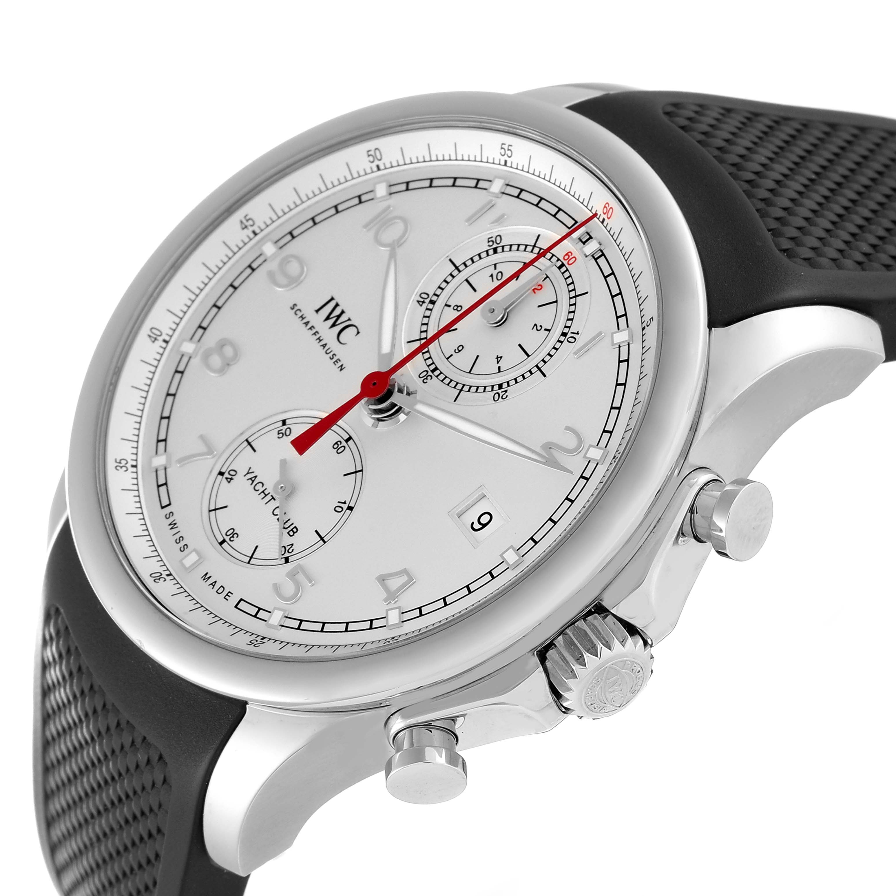 The image shows a close-up side angle of the IWC Portuguese IW390502 Men's Stainless Steel Silver Dial IW390502 Men's Stainless Steel Silver Dial Yacht Club Chronograph, showcasing its dial, crown, and pushers.