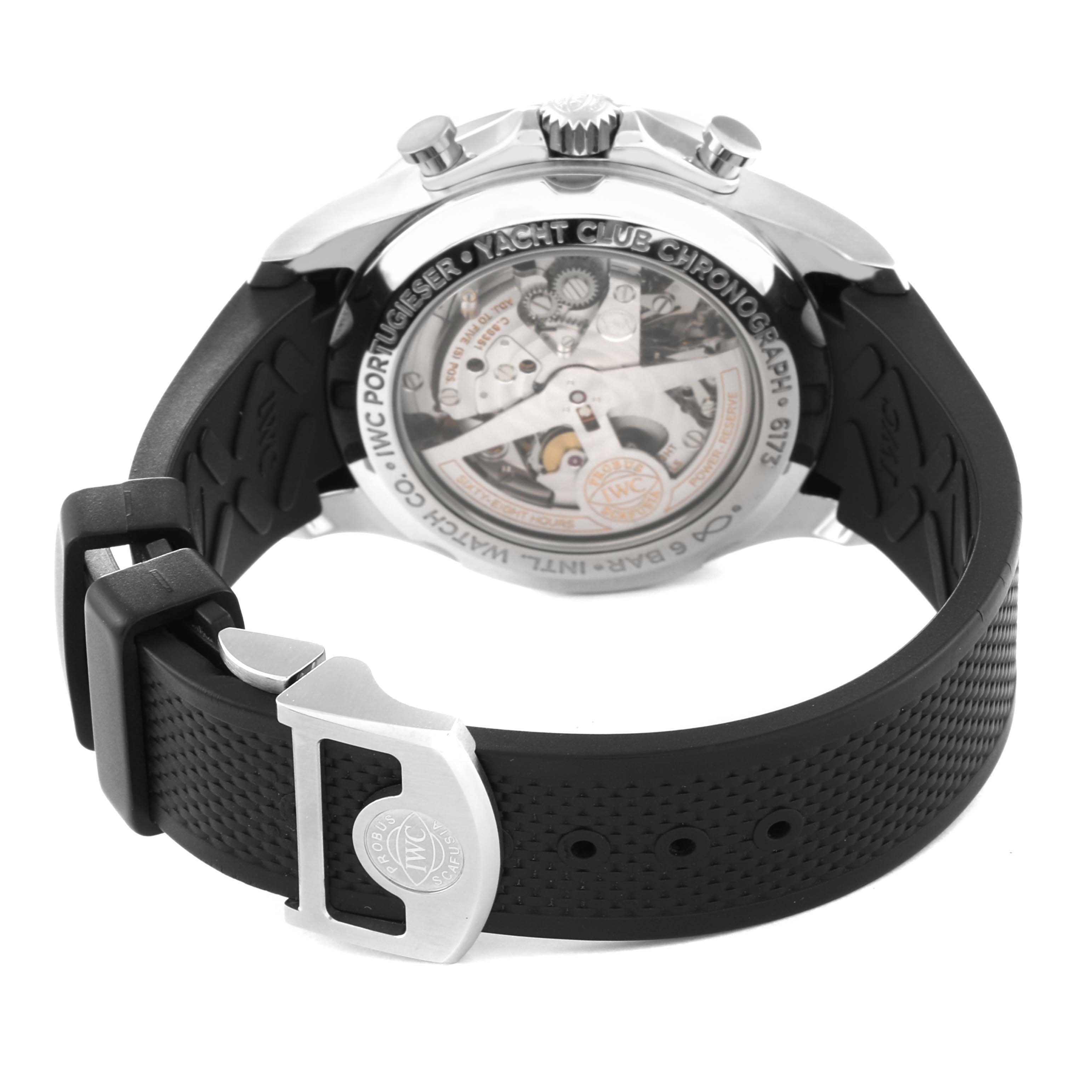 The image shows the back case and strap of an IWC Portuguese IW390502 Men's Stainless Steel Silver Dial IW390502 Men's Stainless Steel Silver Dial Yacht Club Chronograph watch.