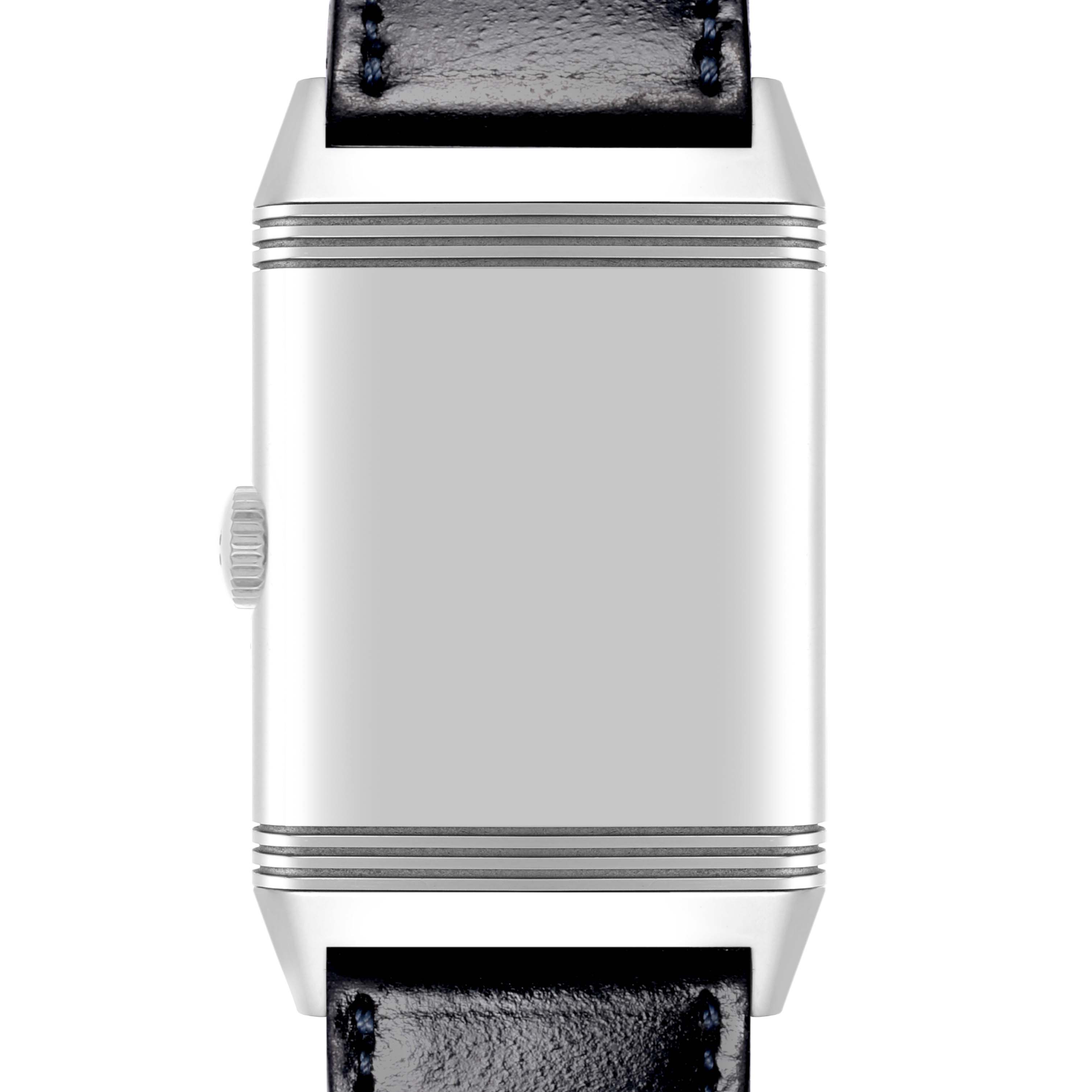 The image shows a front view of a Jaeger-LeCoultre Reverso watch, highlighting the case and part of the strap.