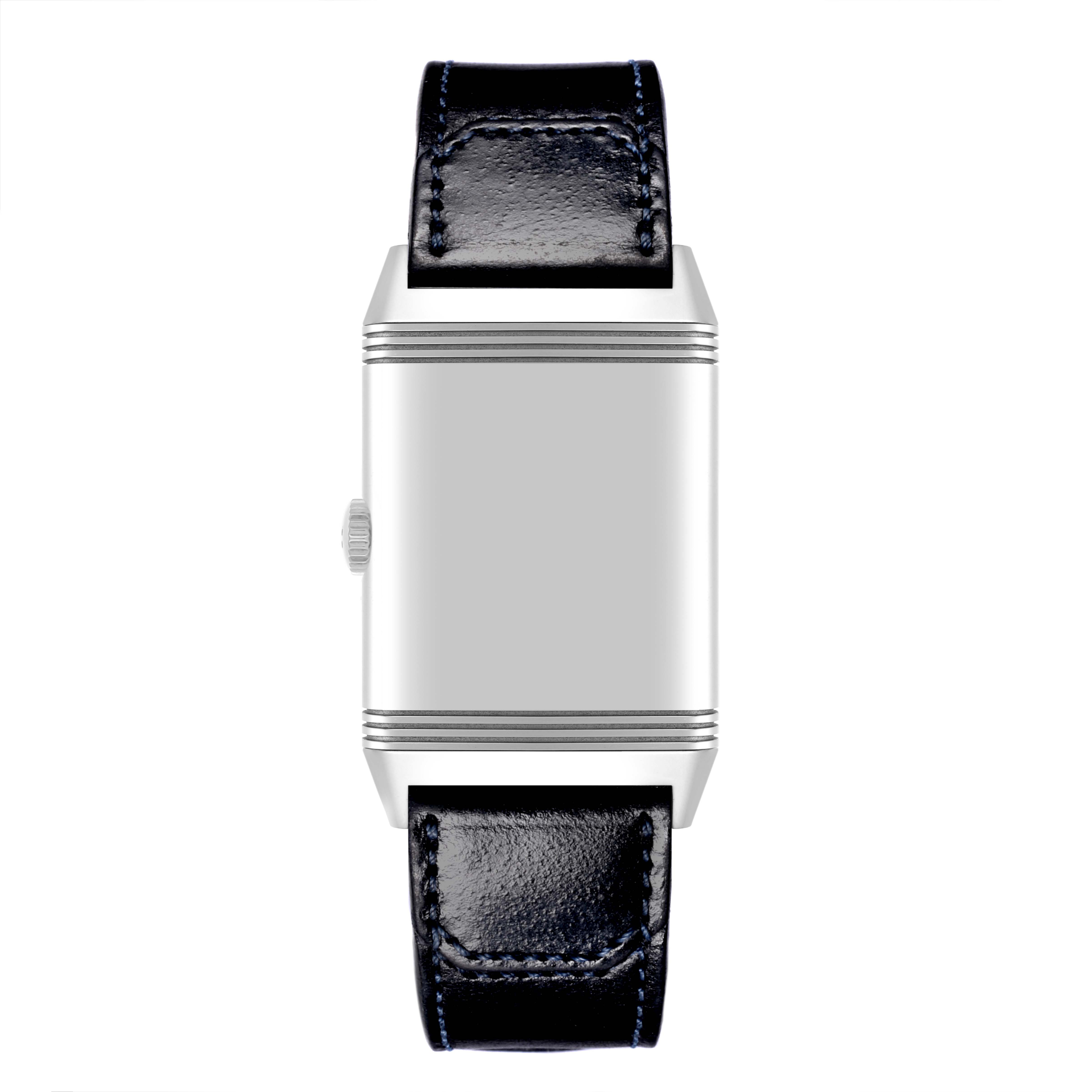 The image shows a front view of a Jaeger LeCoultre Reverso Q3978480 Men's Stainless Steel Blue Dial Q3978480 Men's Stainless Steel Blue Dial, highlighting its case and black leather strap.