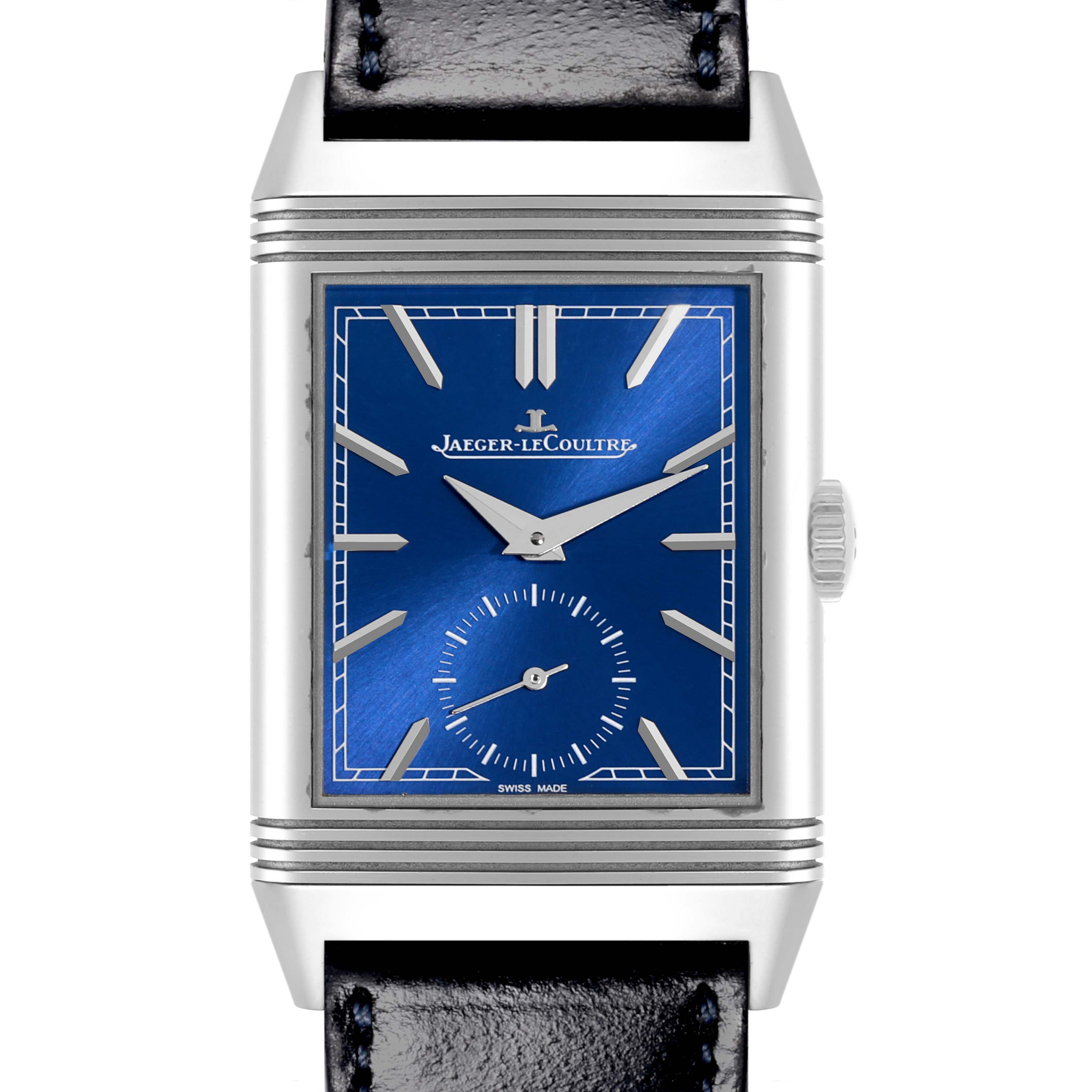 The Jaeger-LeCoultre Reverso watch is shown from the front, highlighting its blue dial, rectangular case, and crown on the side.