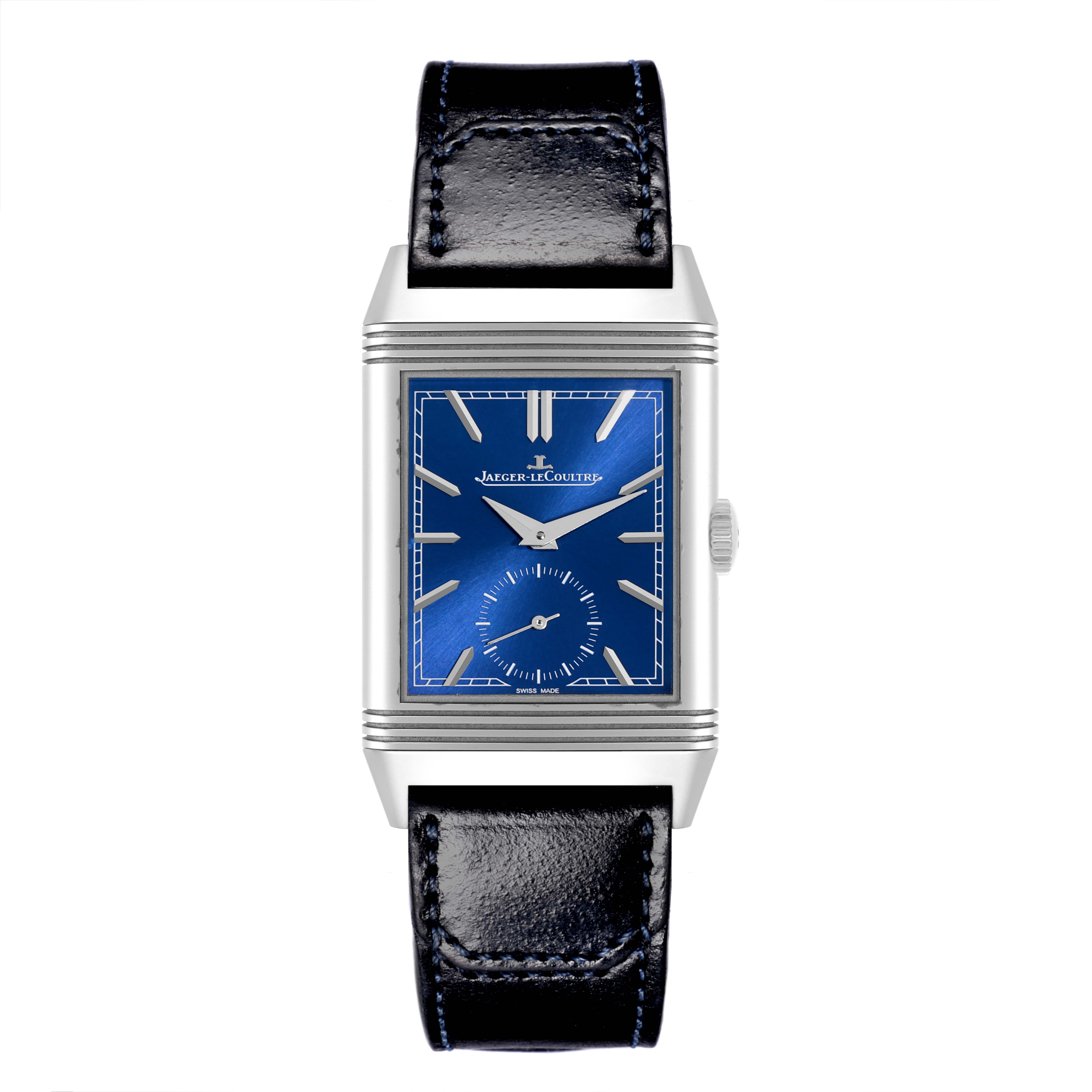 The Jaeger-LeCoultre Reverso watch is shown from the front, displaying the face, strap, and case.