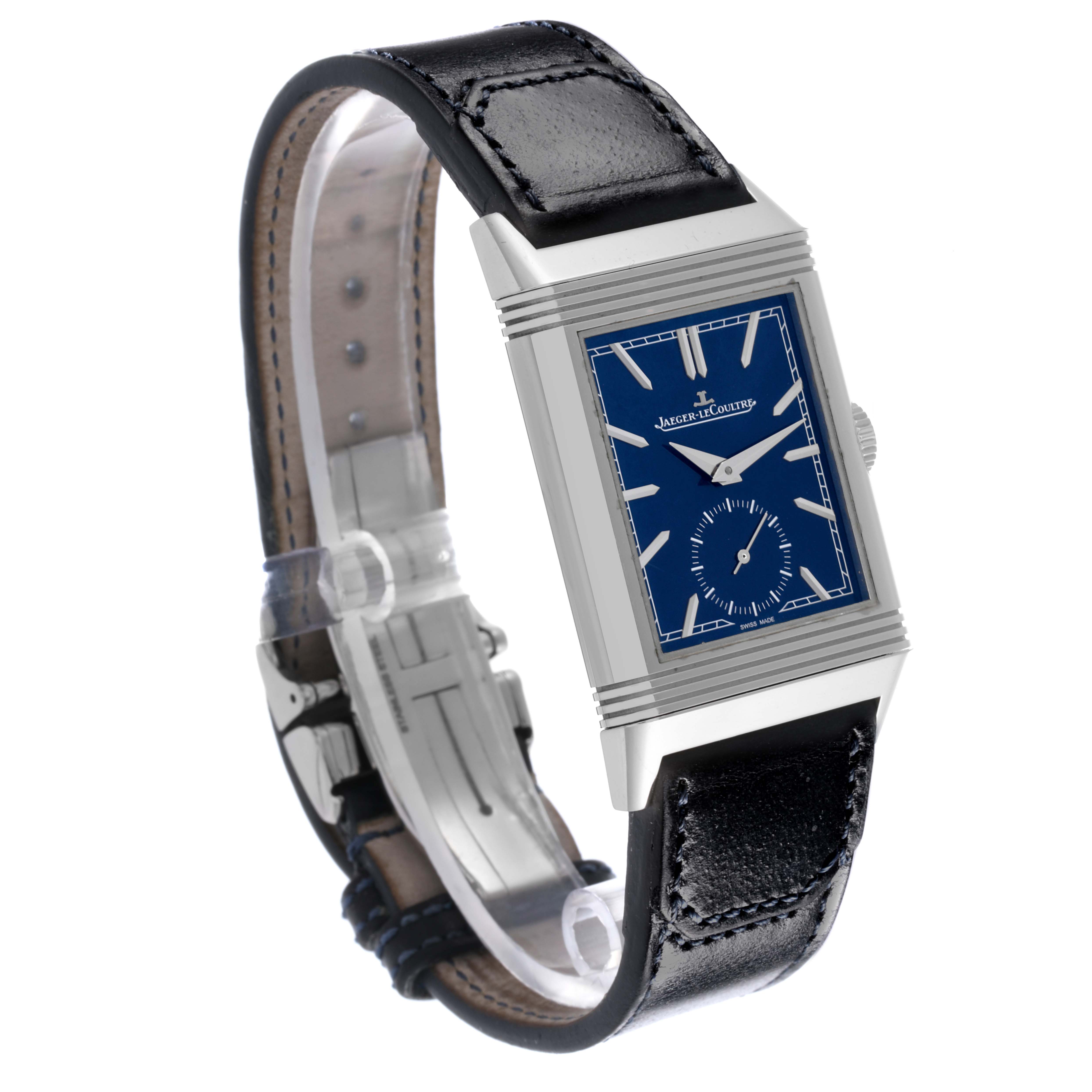 The Jaeger-LeCoultre Reverso watch is shown at a slight angle, displaying the blue dial, case, strap, and clasp details.