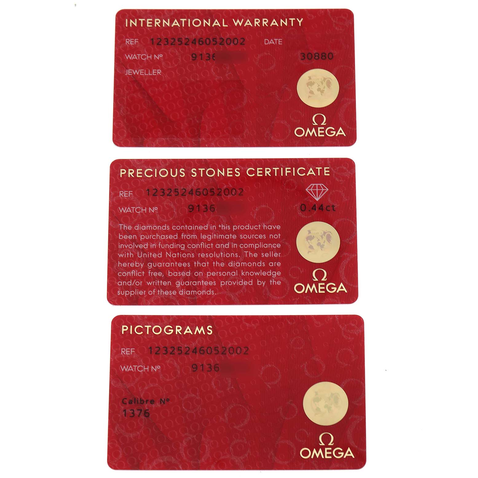 The picture shows three certification cards for the Omega 123.25.24.60.52.002 Women's Steel and Gold (two tone) Silver Dial 123.25.24.60.52.002 Women's Steel and Gold (two tone) Silver Dial Constellation Steel Yellow Gold Diamond Ladies Watch model 123.25.24.60.52.002.