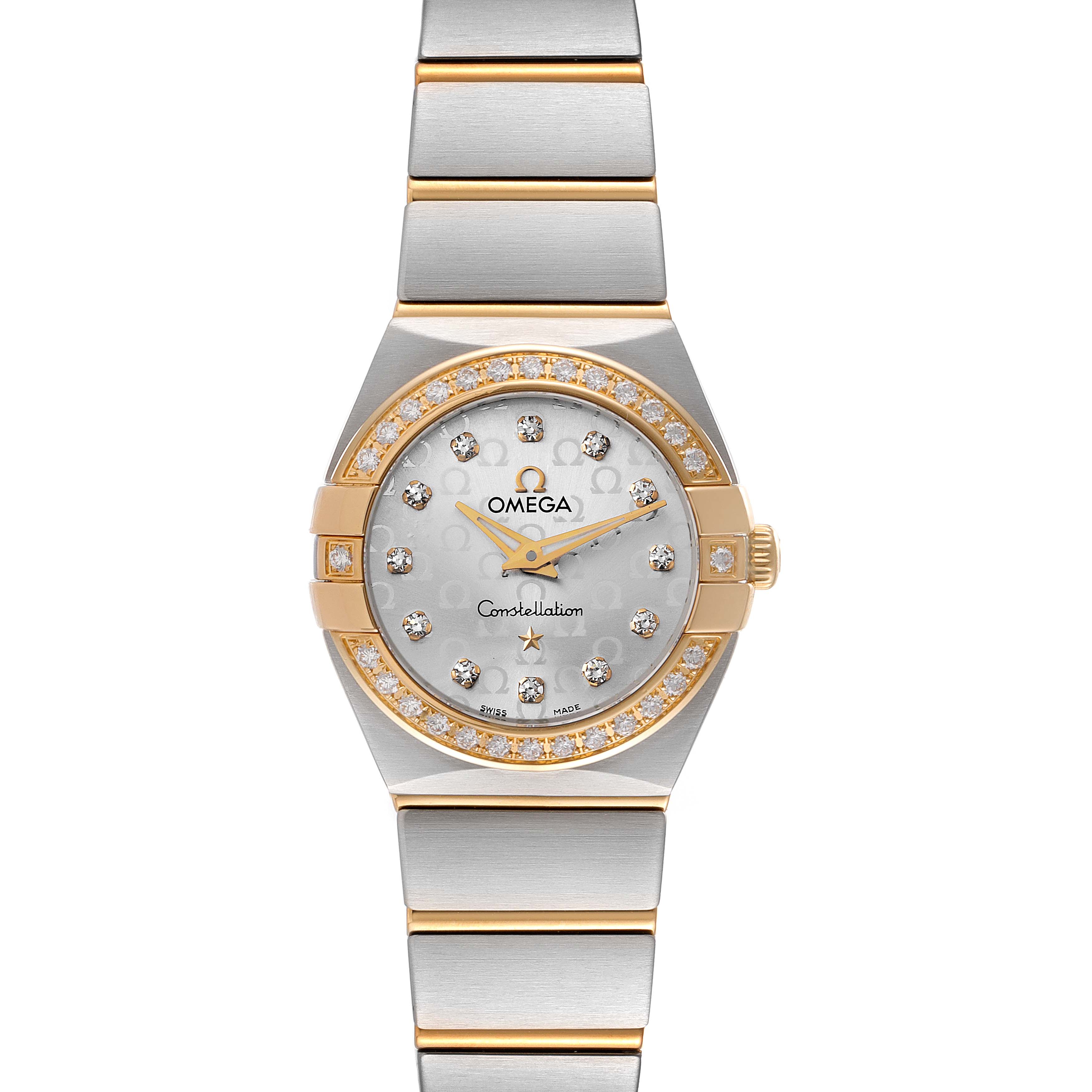 This image shows a front view of the Omega 123.25.24.60.52.002 Women's Steel and Gold (two tone) Silver Dial 123.25.24.60.52.002 Women's Steel and Gold (two tone) Silver Dial Constellation Steel Yellow Gold Diamond Ladies Watch 123.25.24.60.52.002.