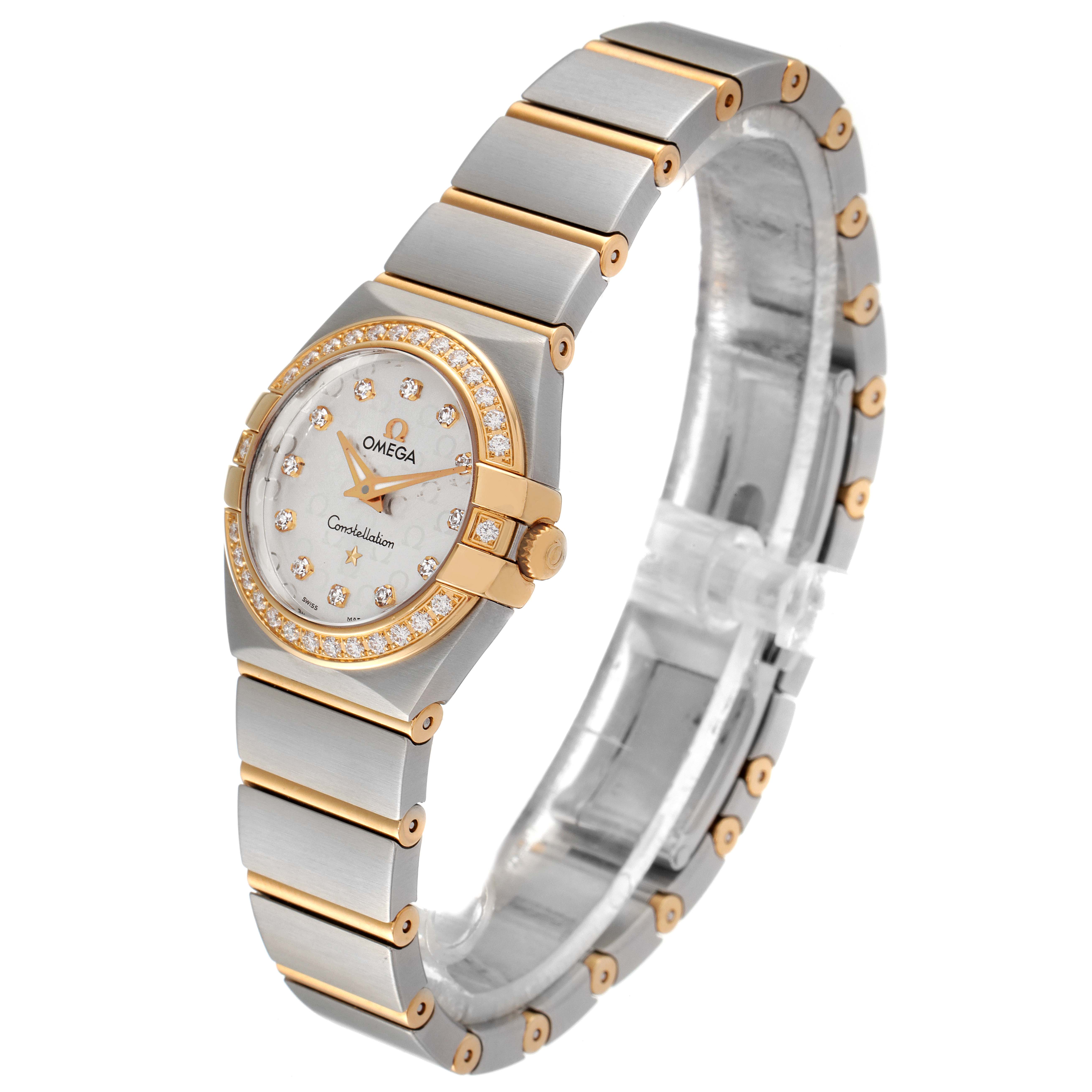 The image shows an Omega 123.25.24.60.52.002 Women's Steel and Gold (two tone) Silver Dial 123.25.24.60.52.002 Women's Steel and Gold (two tone) Silver Dial Constellation Steel Yellow Gold Diamond Ladies Watch model 123.25.24.60.52.002 from a side angle, highlighting the bracelet and face.
