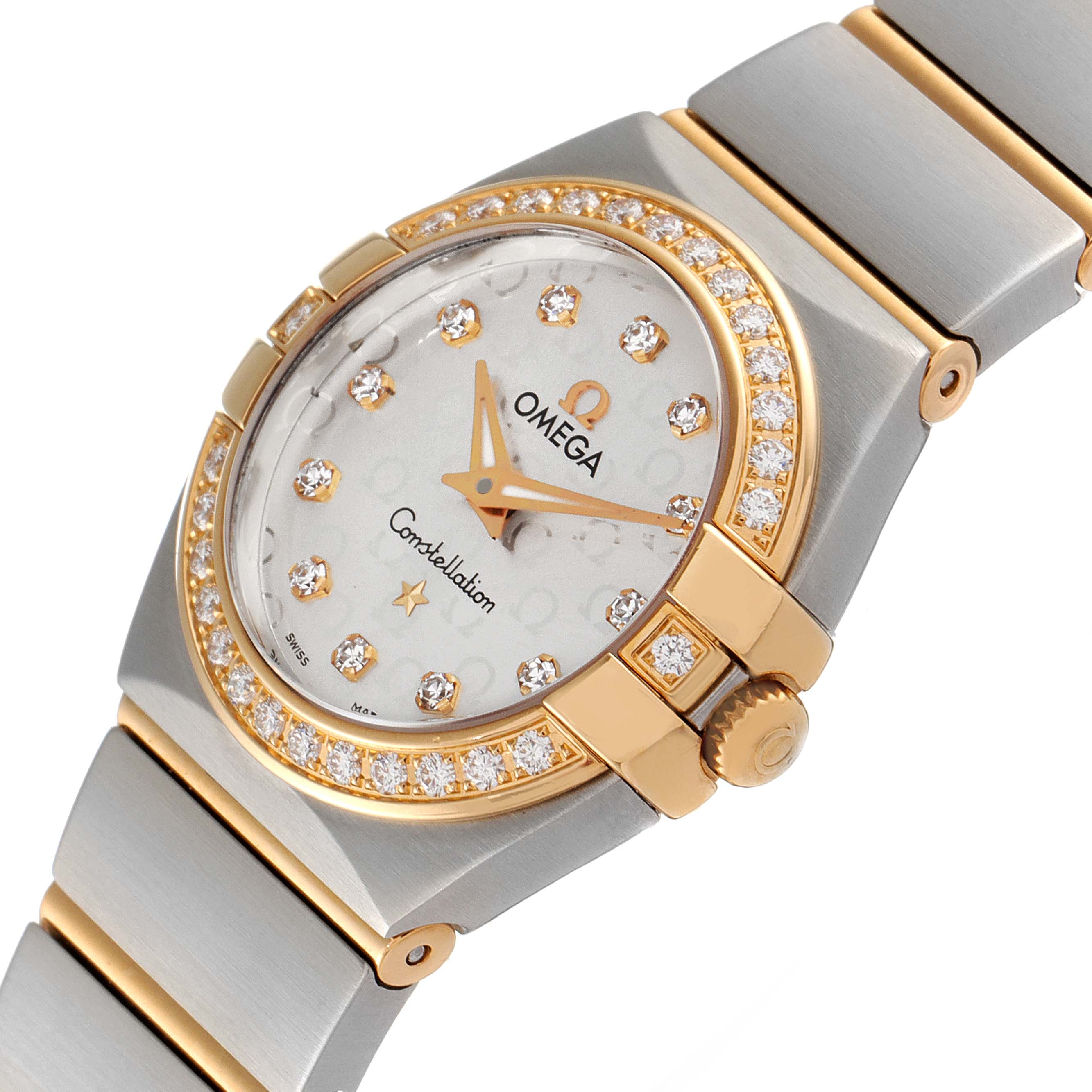 The image shows an angled view of the Omega 123.25.24.60.52.002 Women's Steel and Gold (two tone) Silver Dial 123.25.24.60.52.002 Women's Steel and Gold (two tone) Silver Dial Constellation Steel Yellow Gold Diamond Ladies Watch 123.25.24.60.52.002, highlighting the watch face and bracelet.